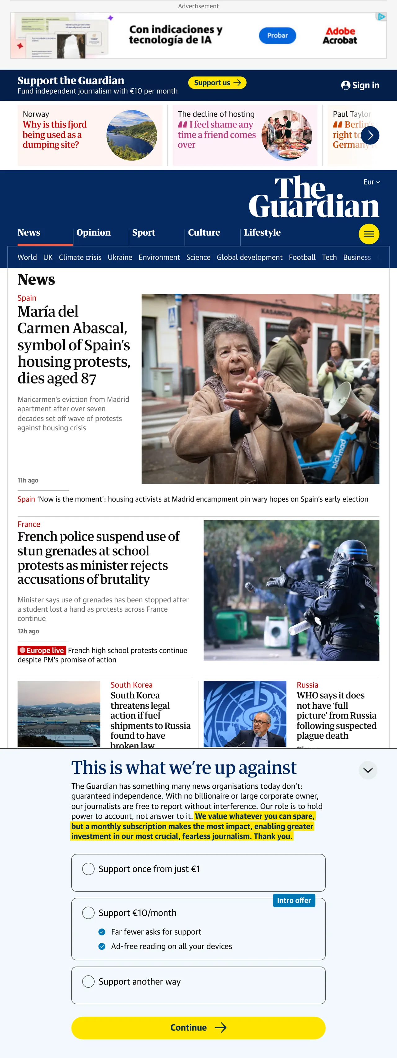 Screenshot of the The Guardian front page