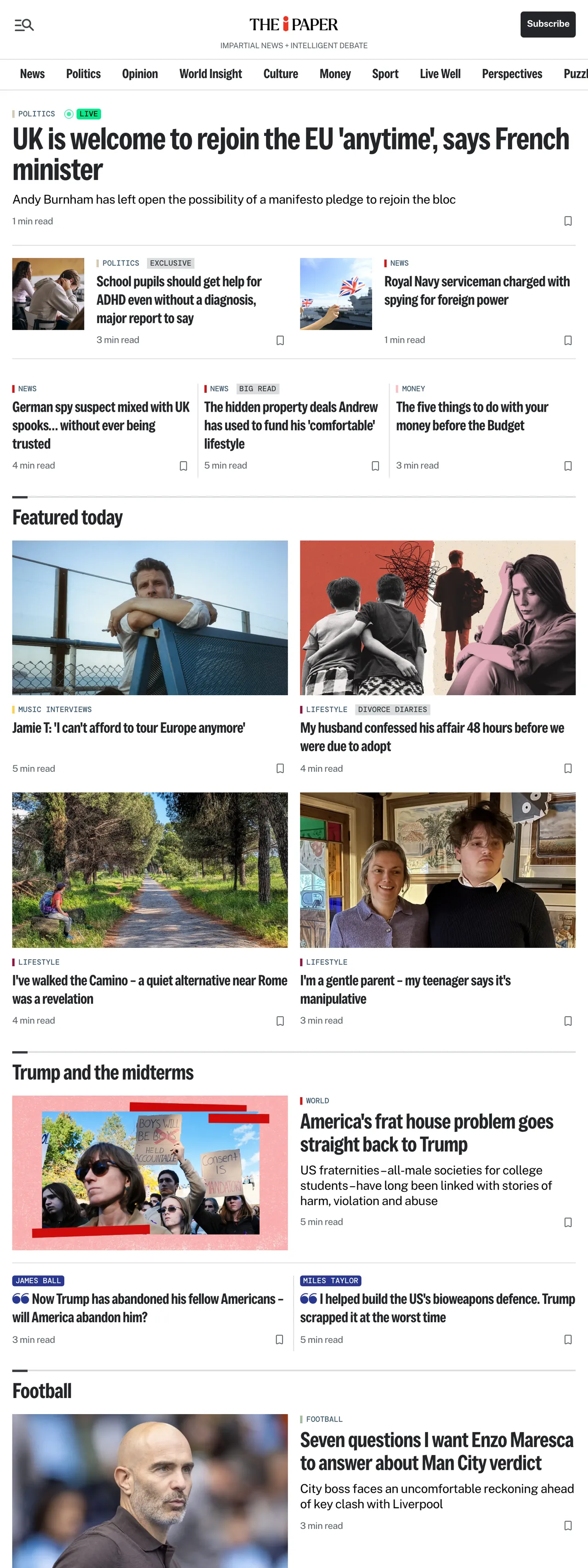 Screenshot of the The i Paper front page