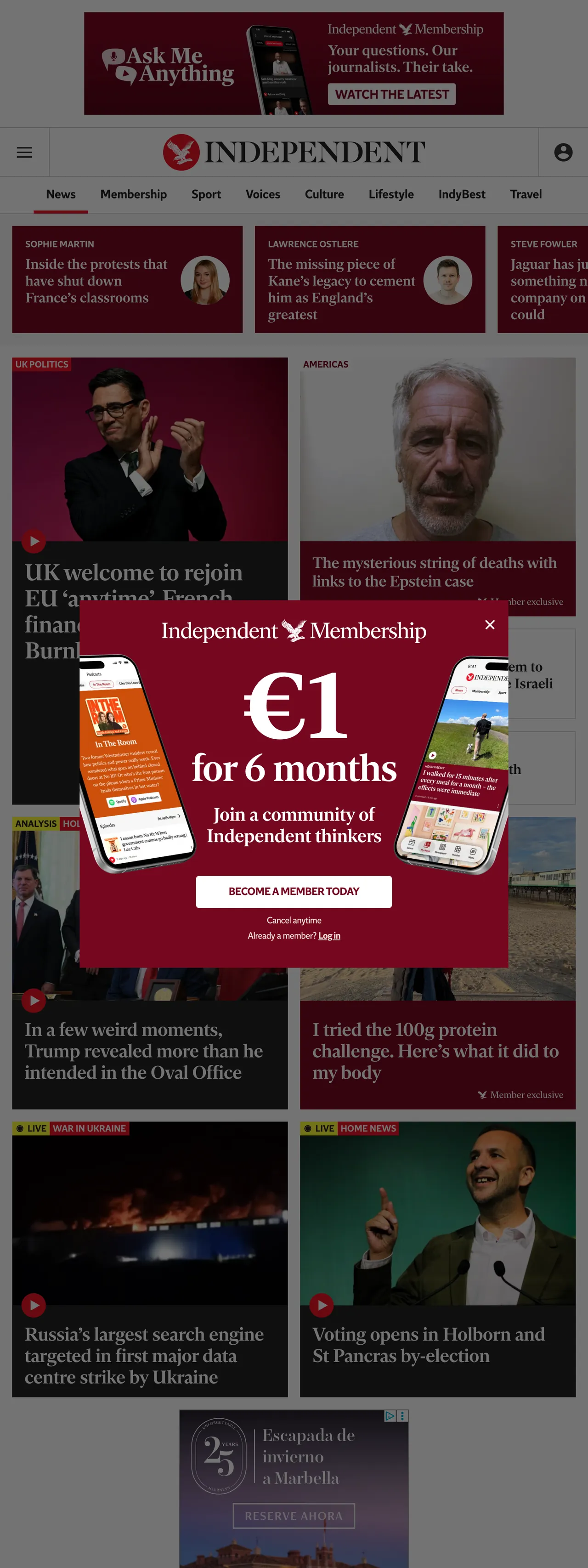 Screenshot of the The Independent front page