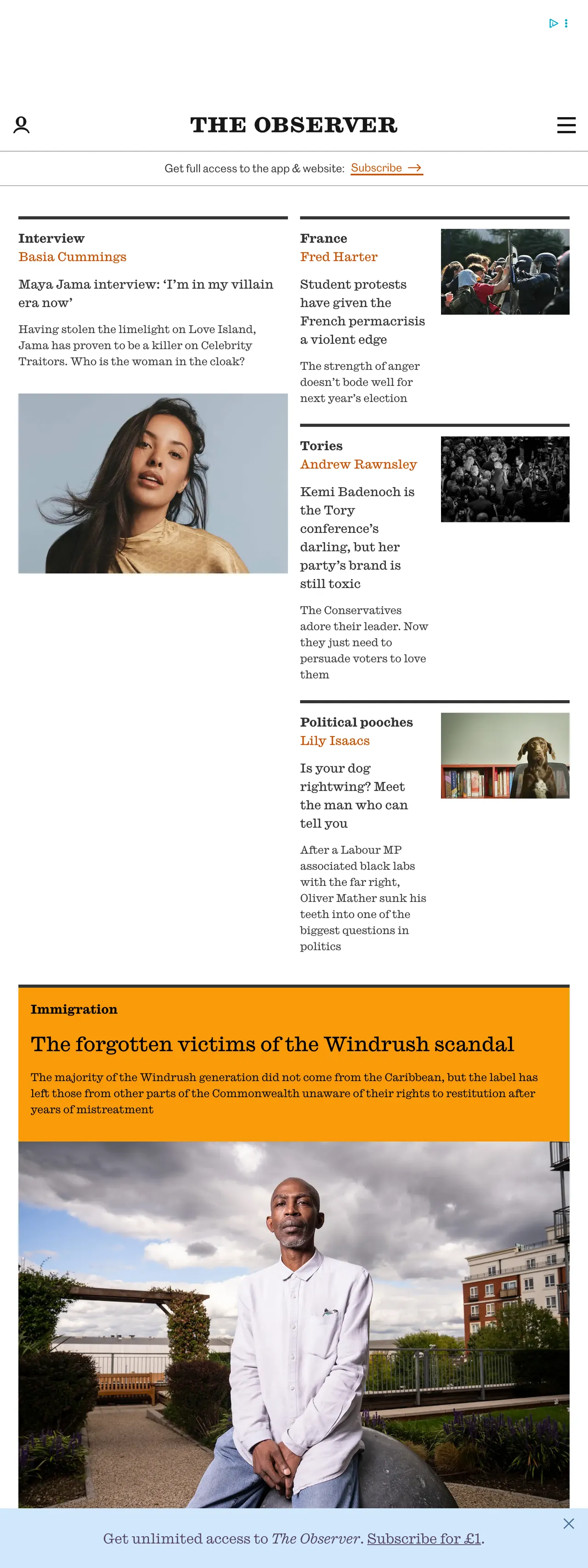 Screenshot of the The Observer front page