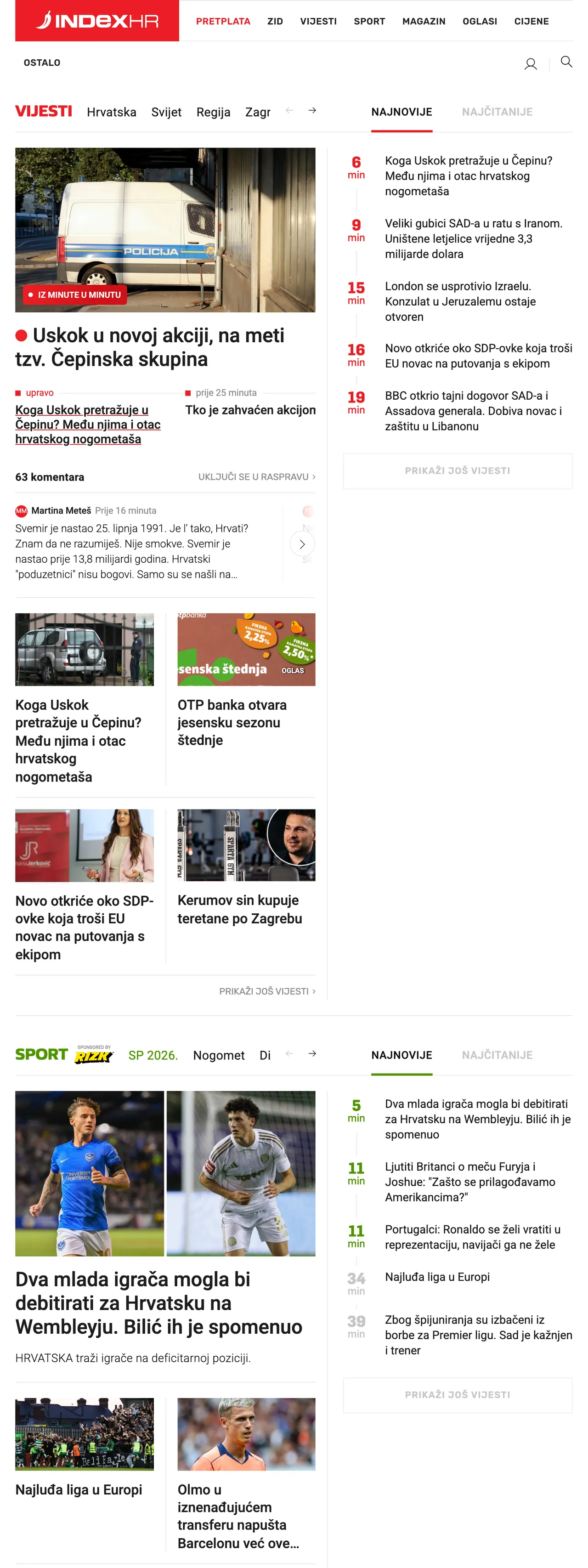 Screenshot of the Index.hr front page