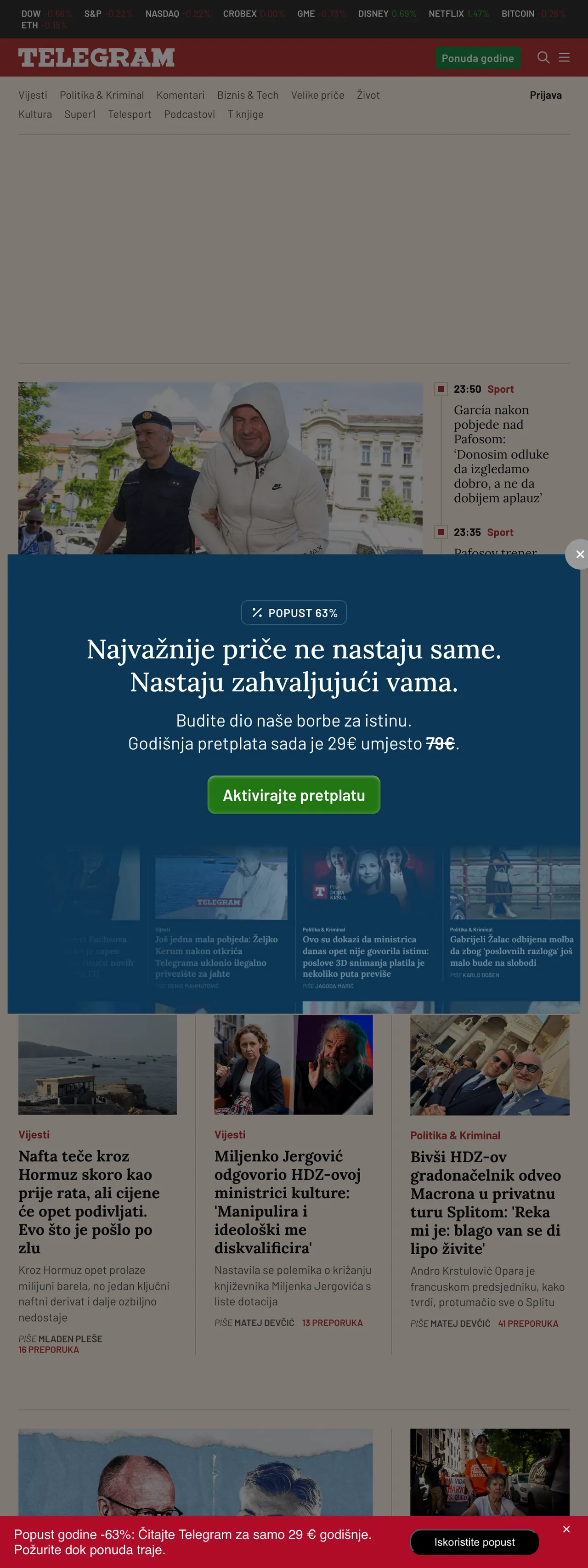 Screenshot of the Telegram.hr front page