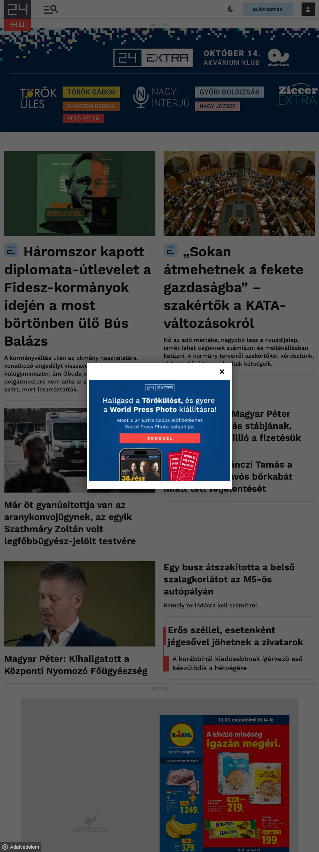 Screenshot of the 24.hu front page