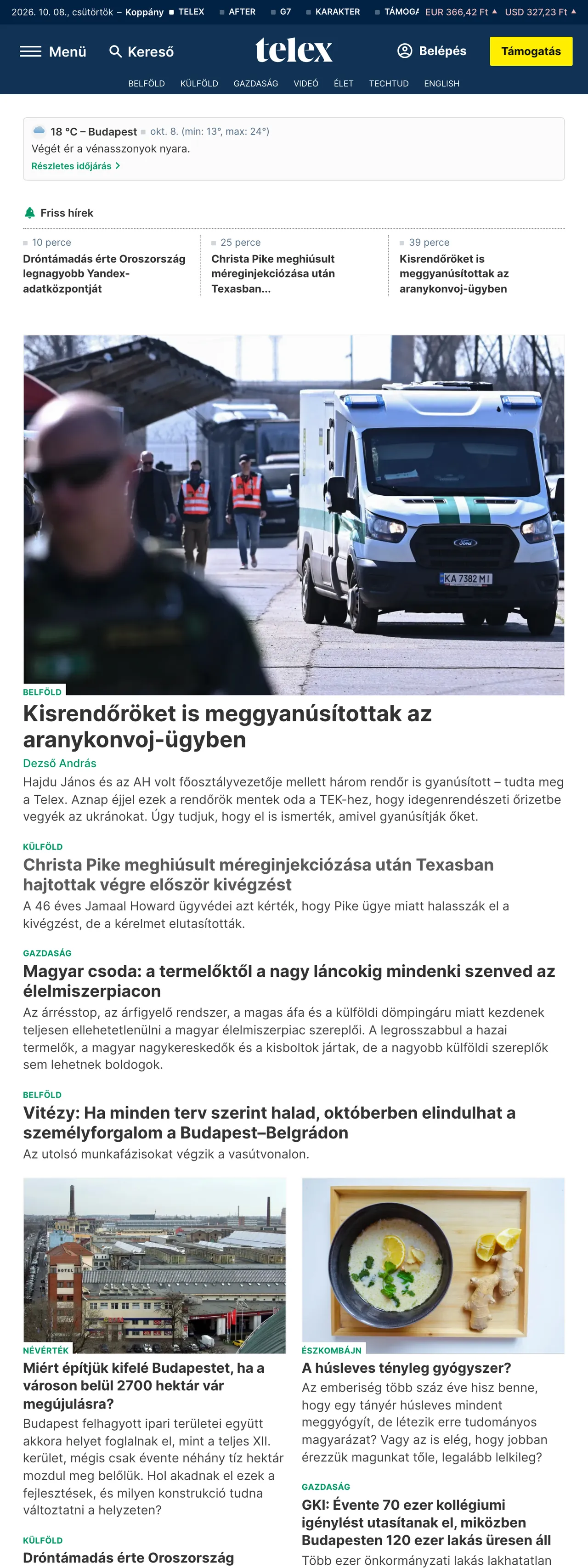 Screenshot of the Telex front page