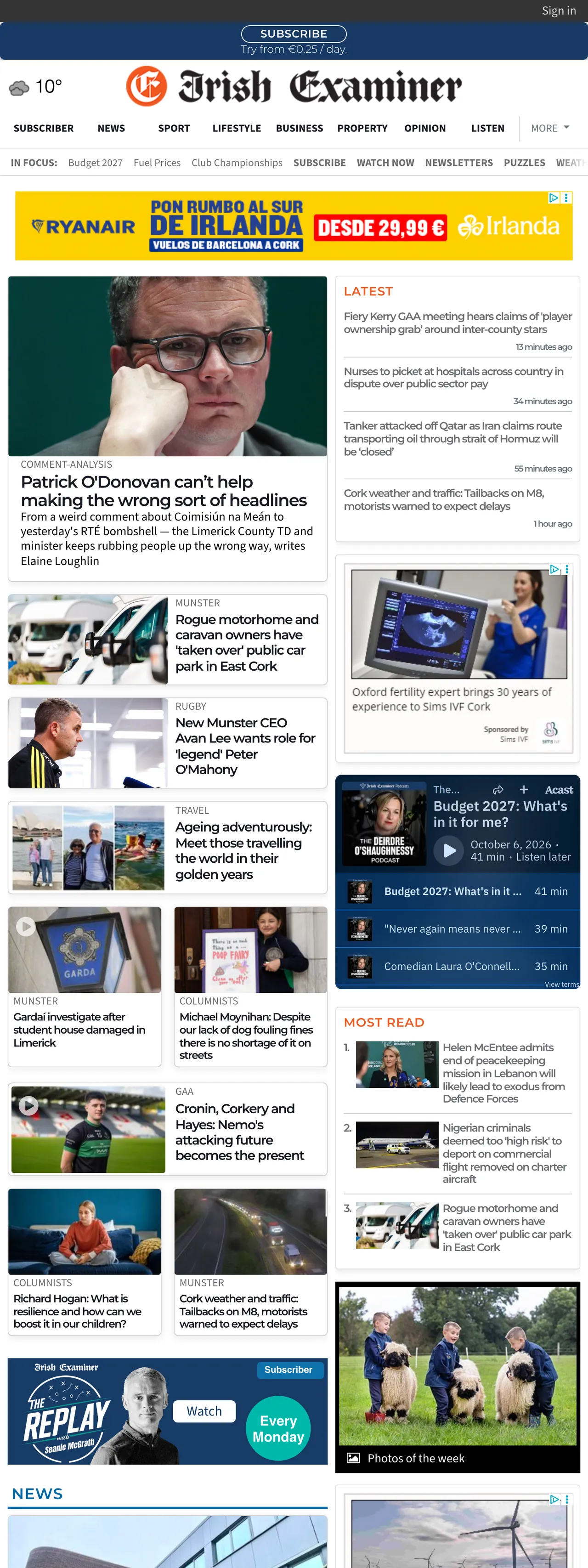 Screenshot of the Irish Examiner front page
