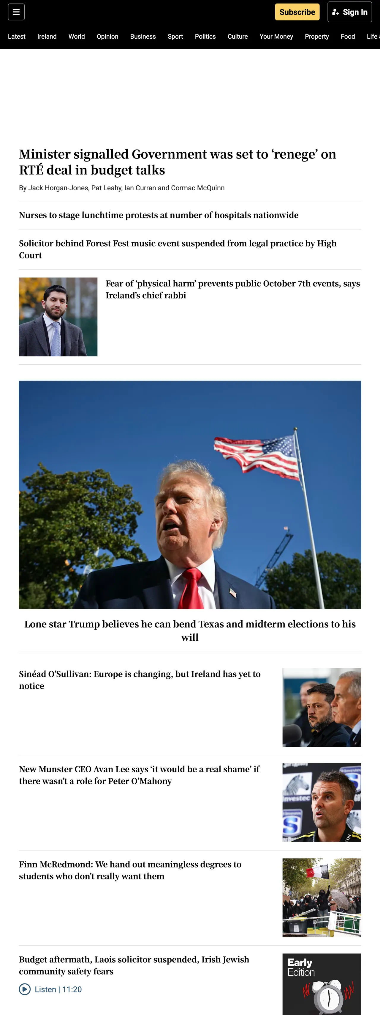 Screenshot of the The Irish Times front page