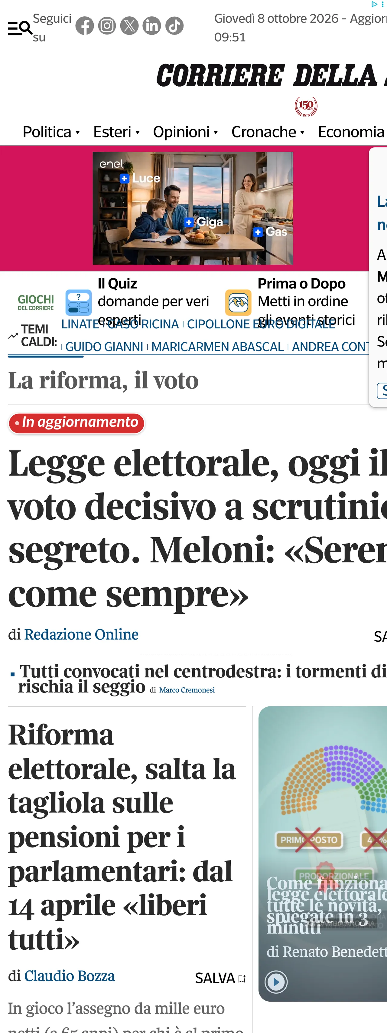Screenshot of the Corriere della Sera front page