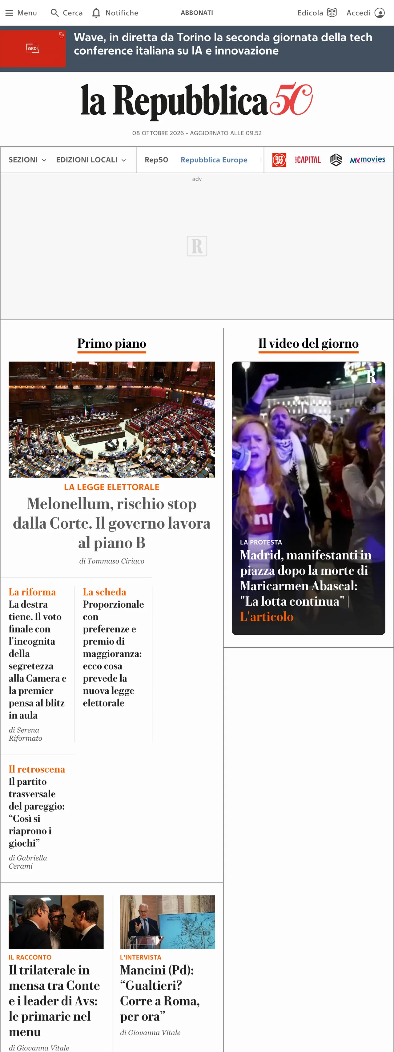 Screenshot of the la Repubblica front page