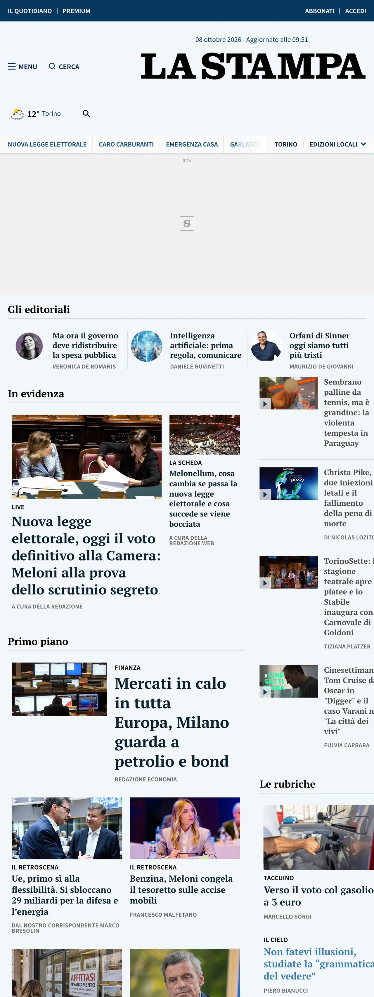 Screenshot of the La Stampa front page