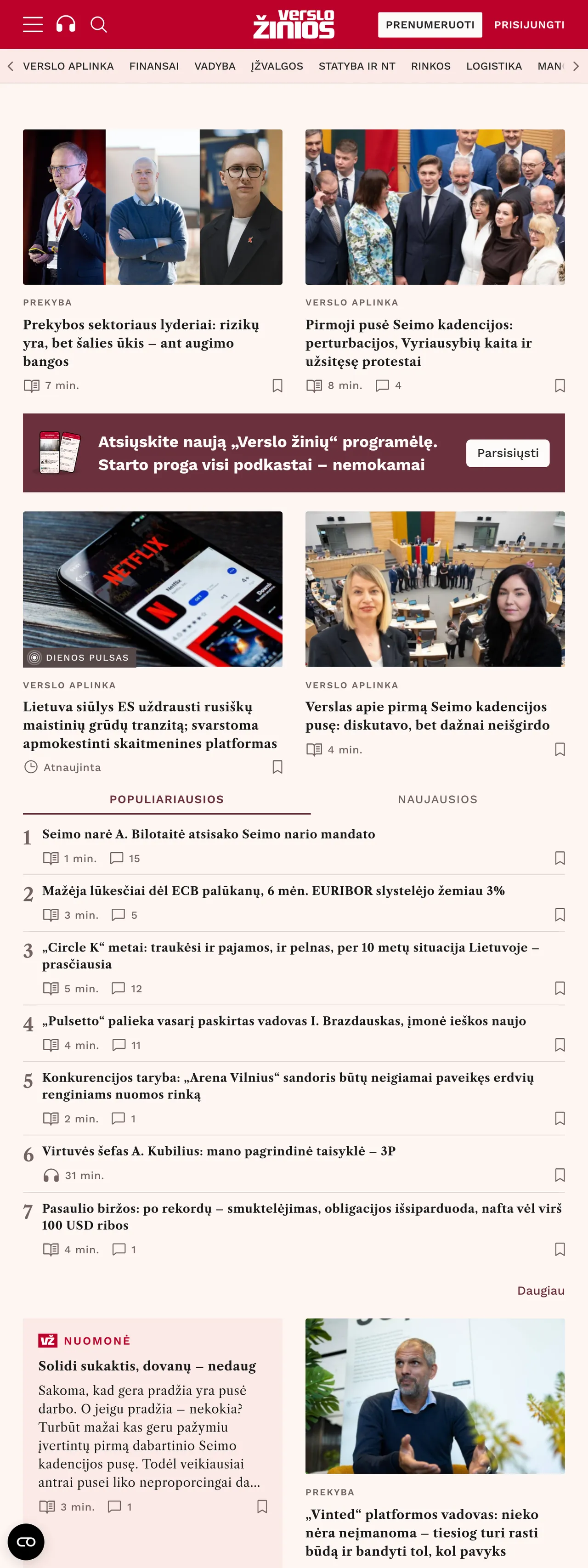 Screenshot of the Verslo žinios front page