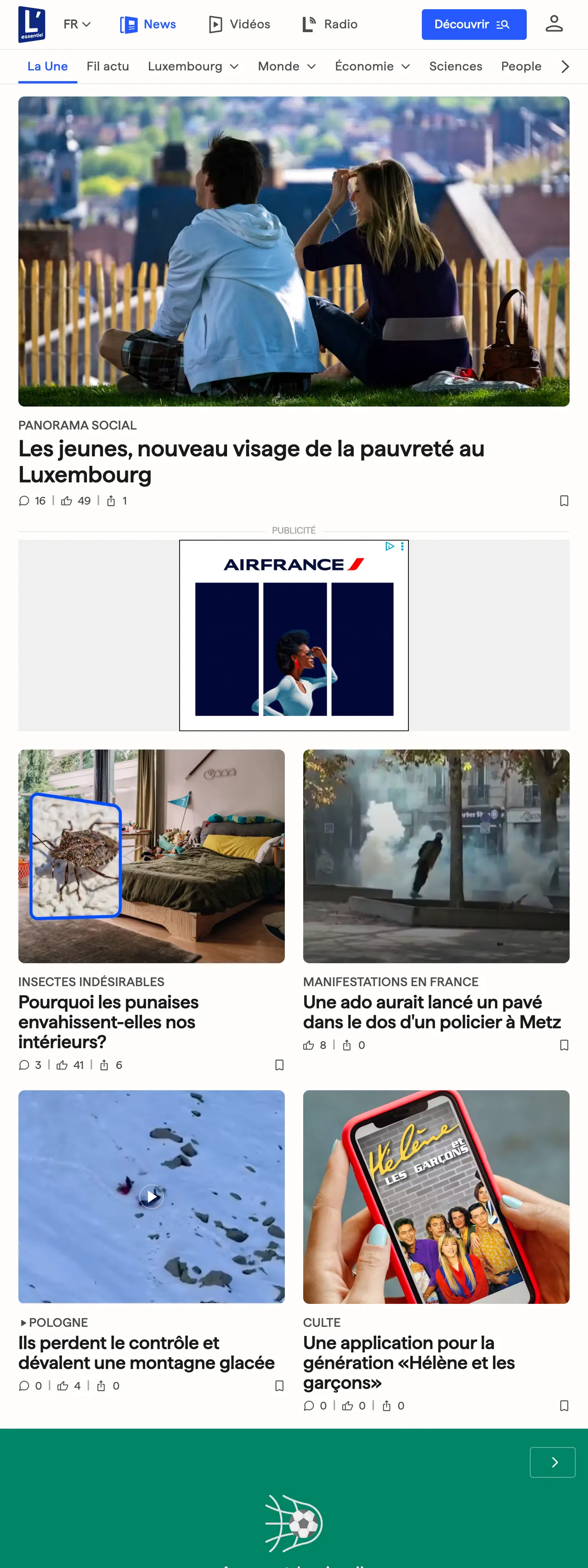 Screenshot of the L'essentiel front page
