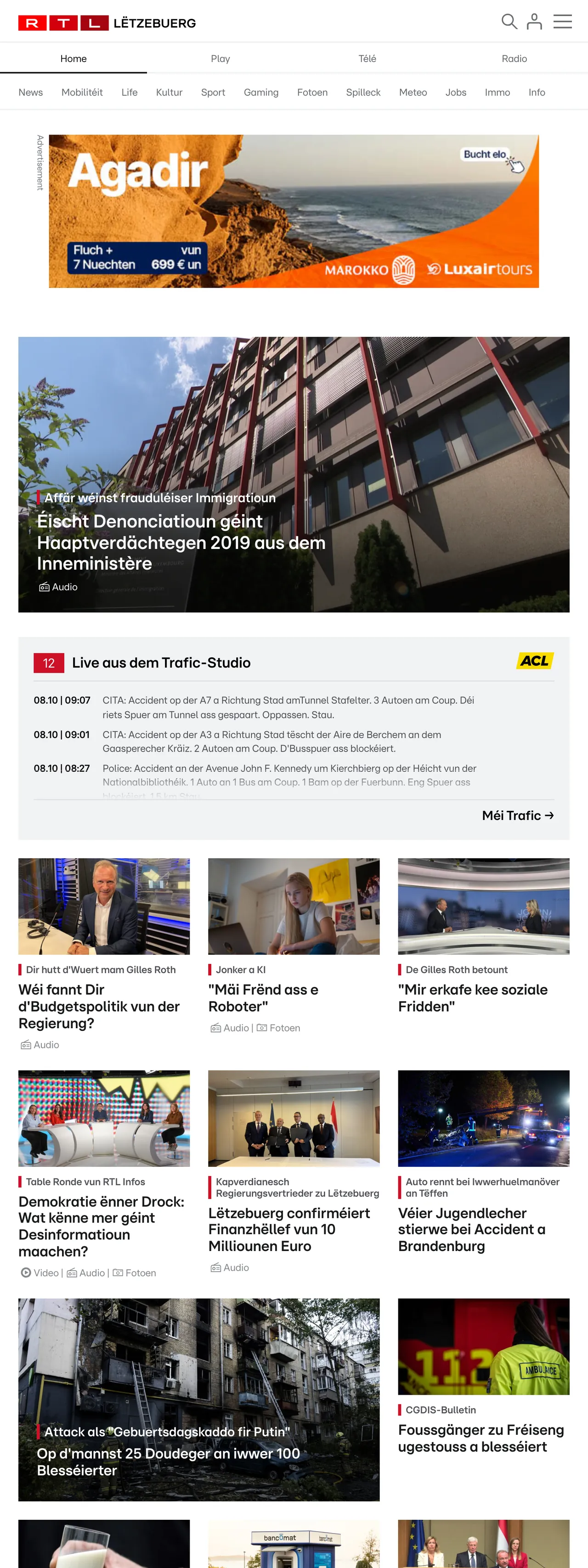 Screenshot of the RTL Lëtzebuerg front page