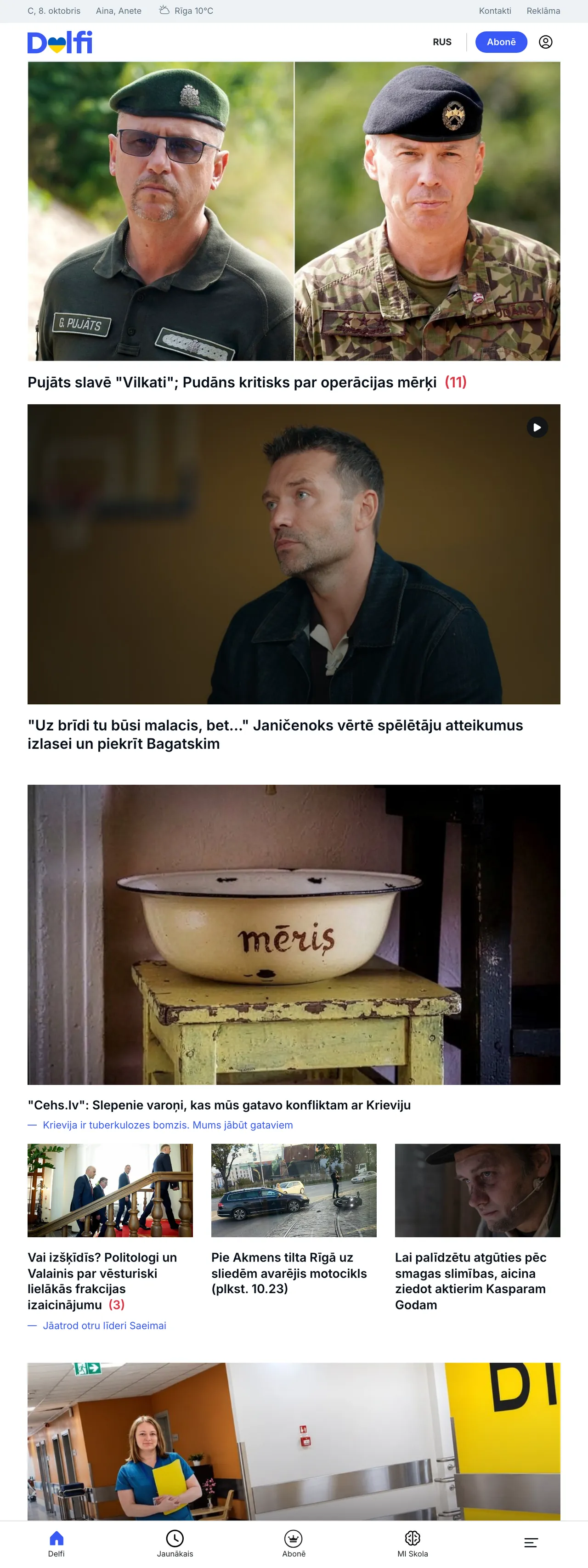 Screenshot of the Delfi front page