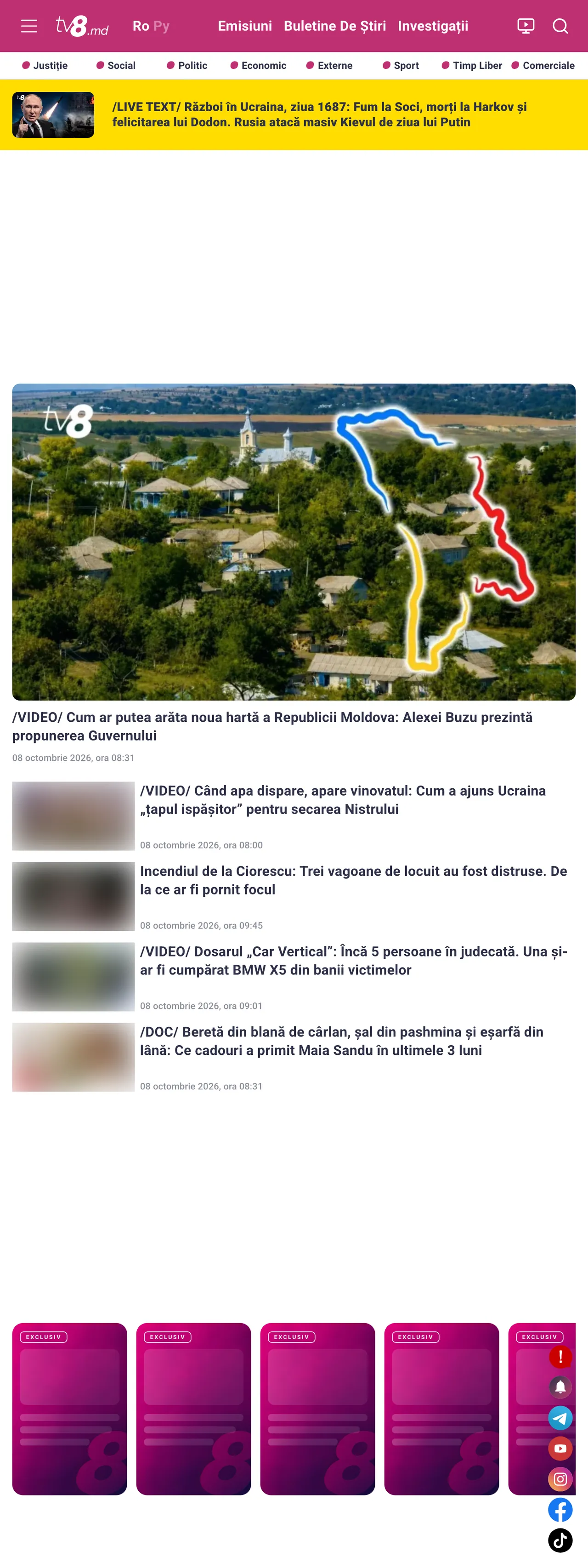 Screenshot of the TV8 front page