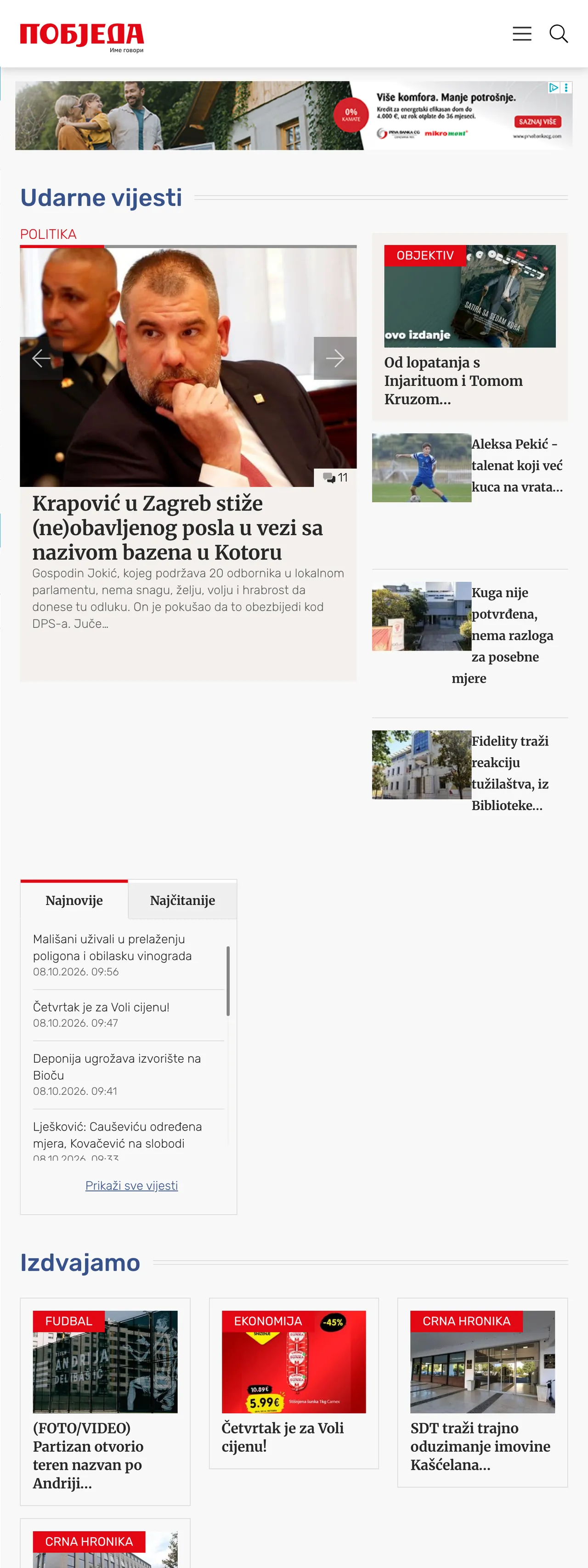 Screenshot of the Pobjeda front page
