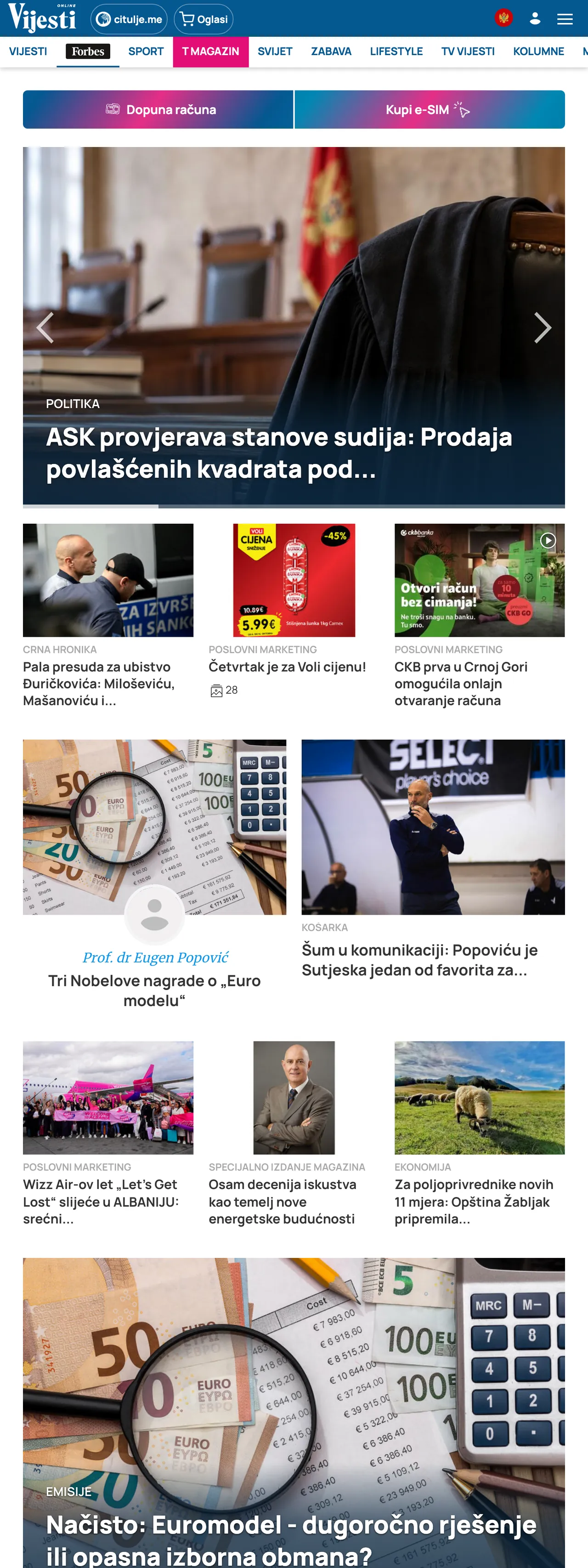Screenshot of the Vijesti front page