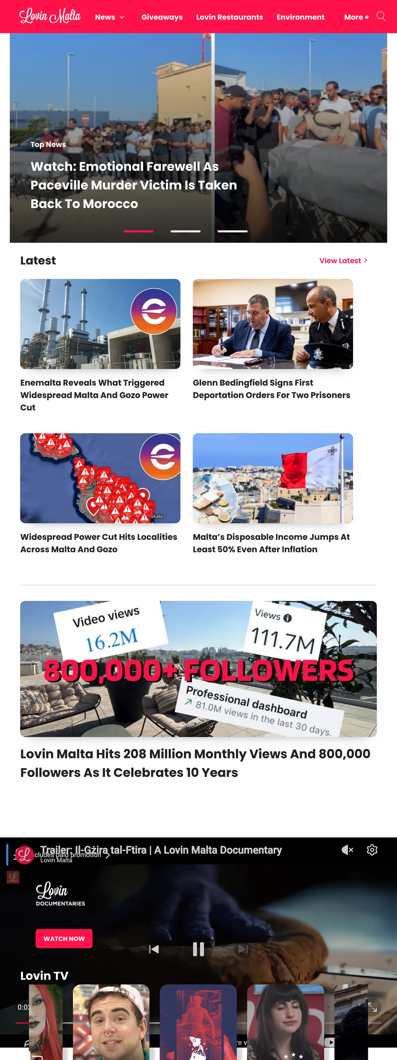 Screenshot of the Lovin Malta front page