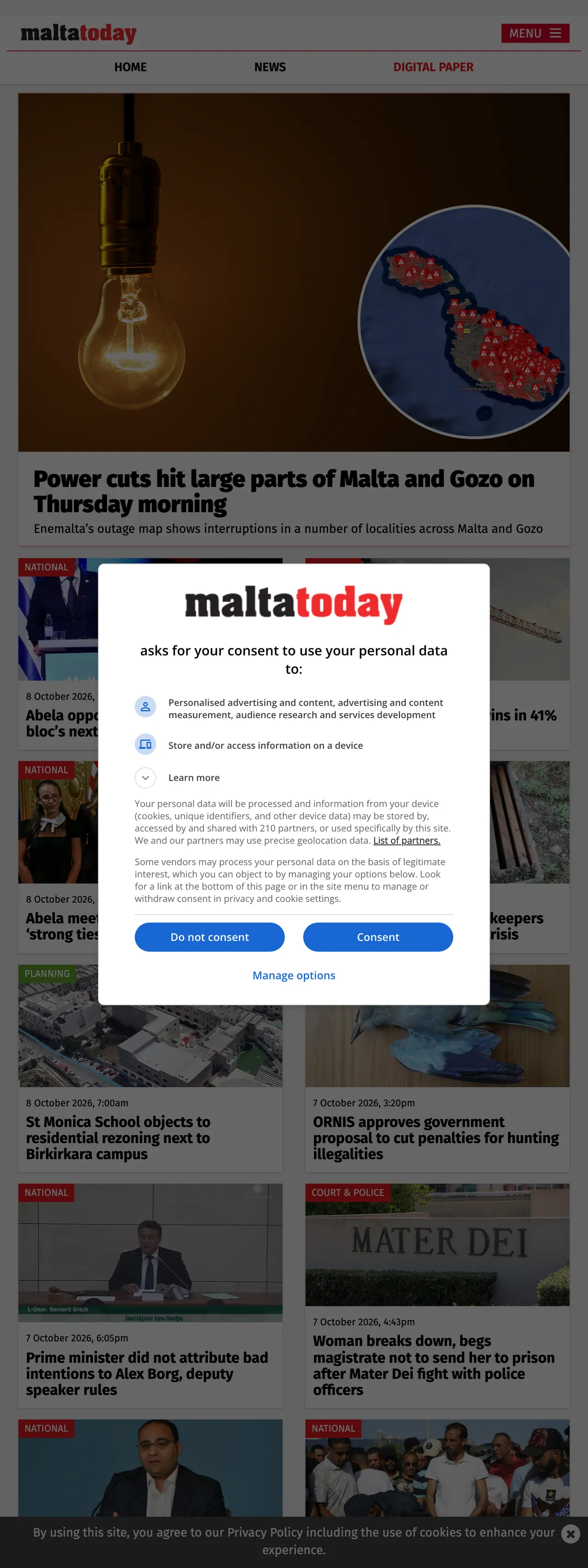 Screenshot of the Malta Today front page