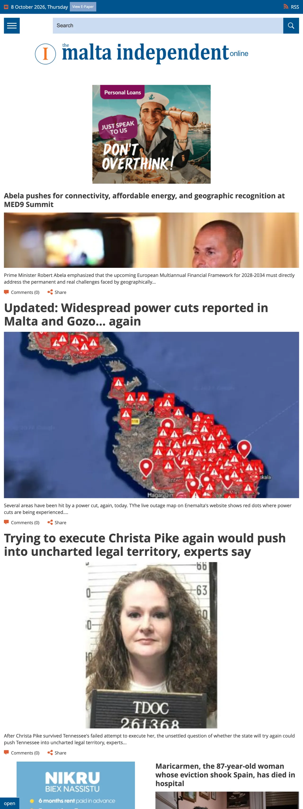 Screenshot of the The Malta Independent front page