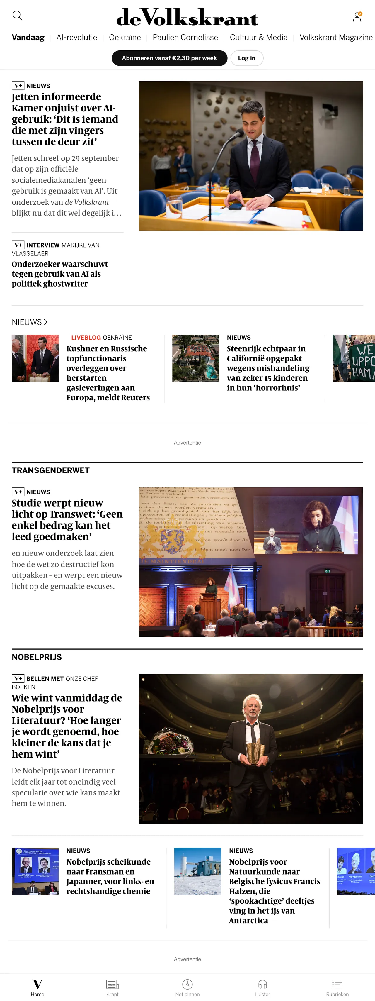 Screenshot of the de Volkskrant front page