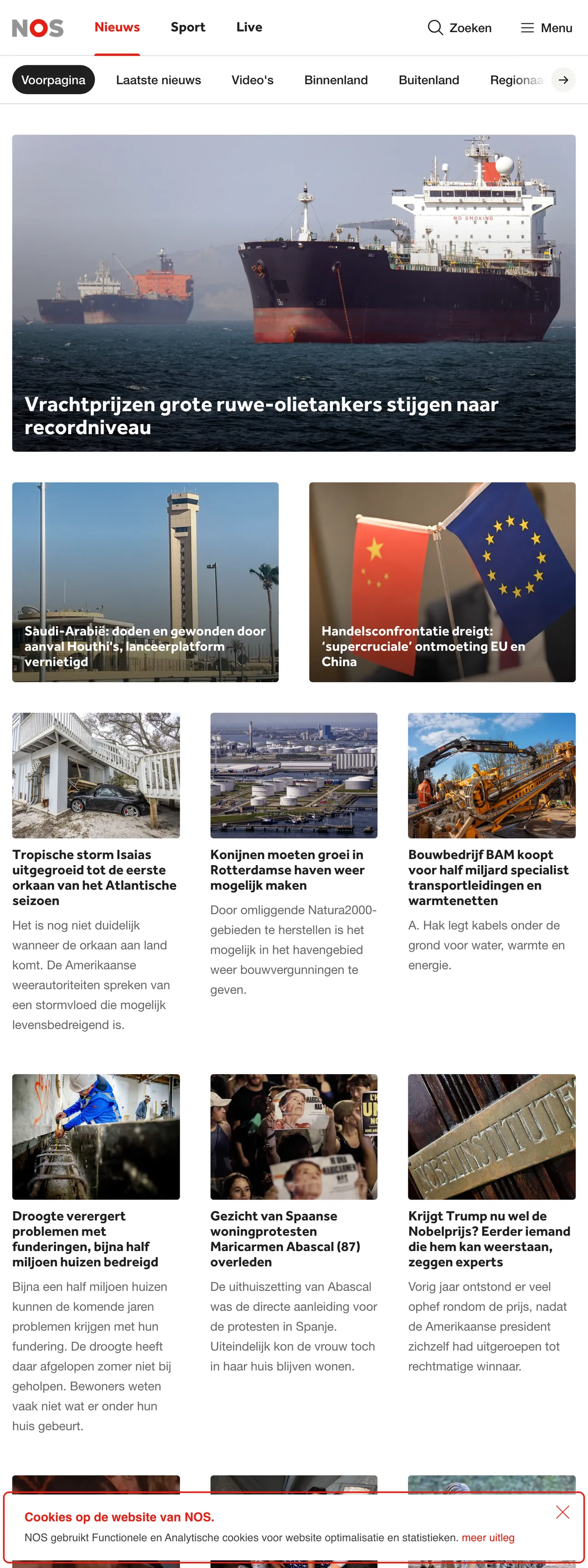 Screenshot of the NOS front page