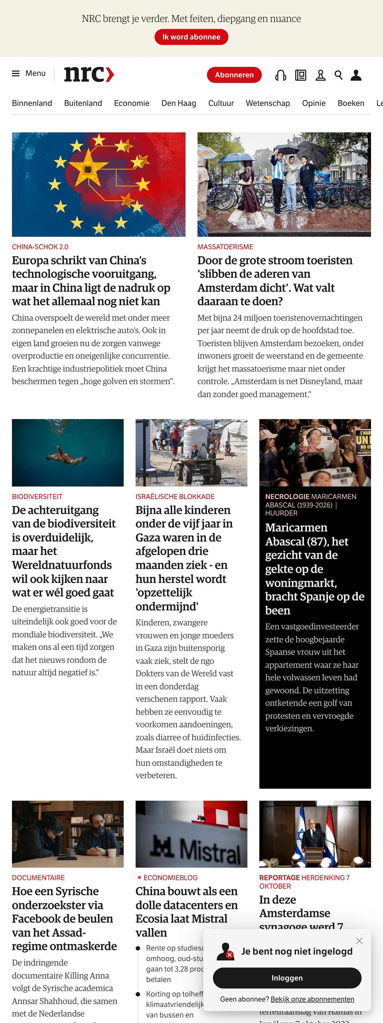 Screenshot of the NRC front page