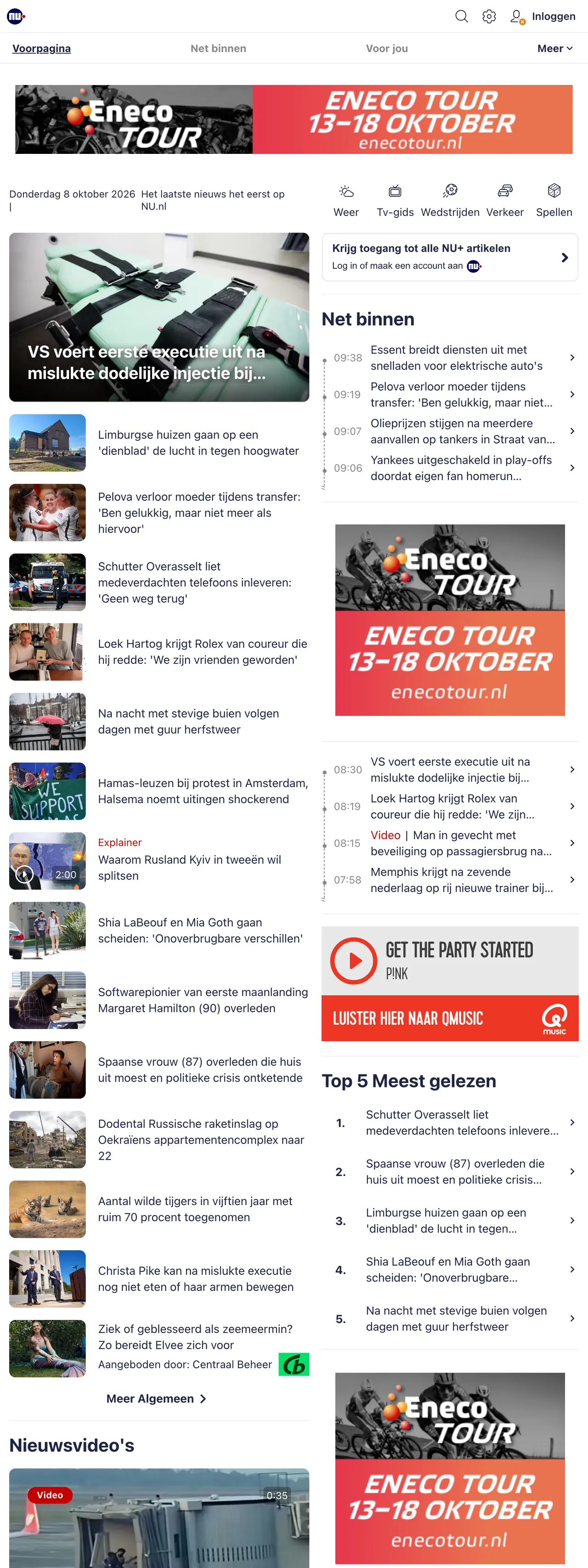 Screenshot of the NU.nl front page