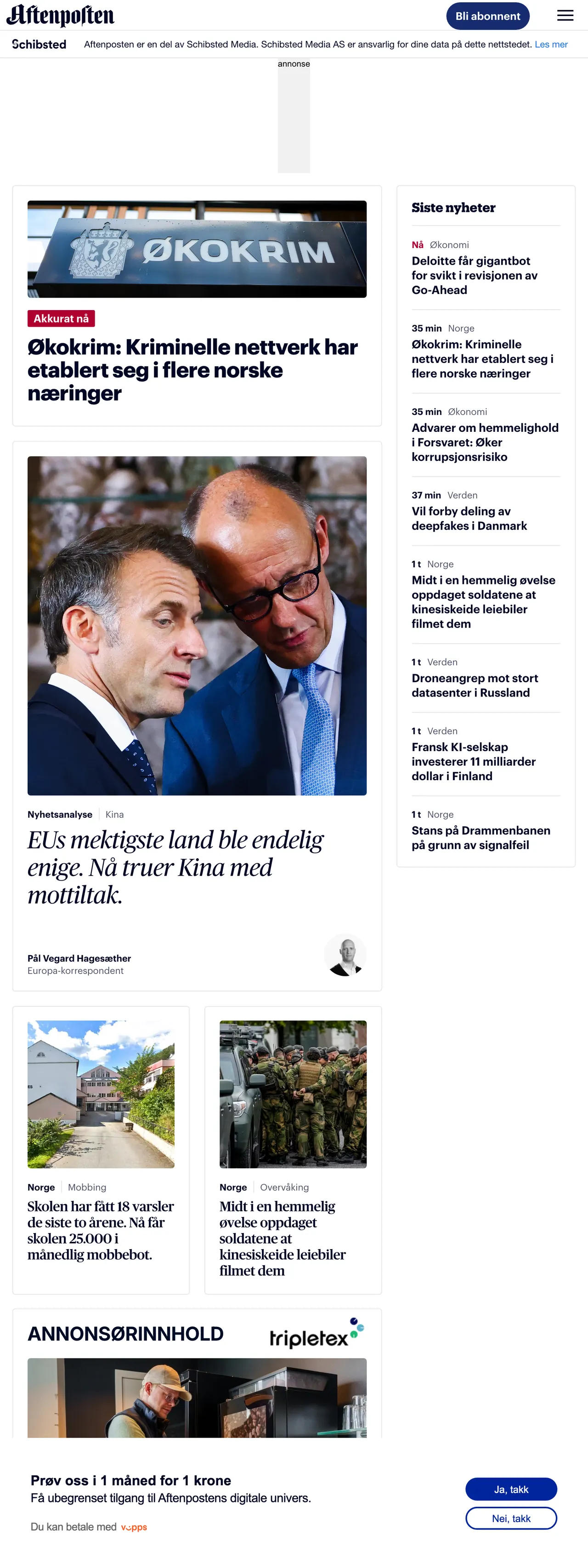 Screenshot of the Aftenposten front page