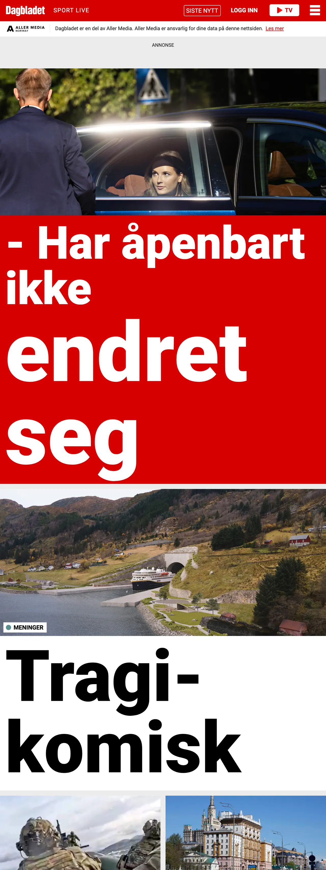 Screenshot of the Dagbladet front page