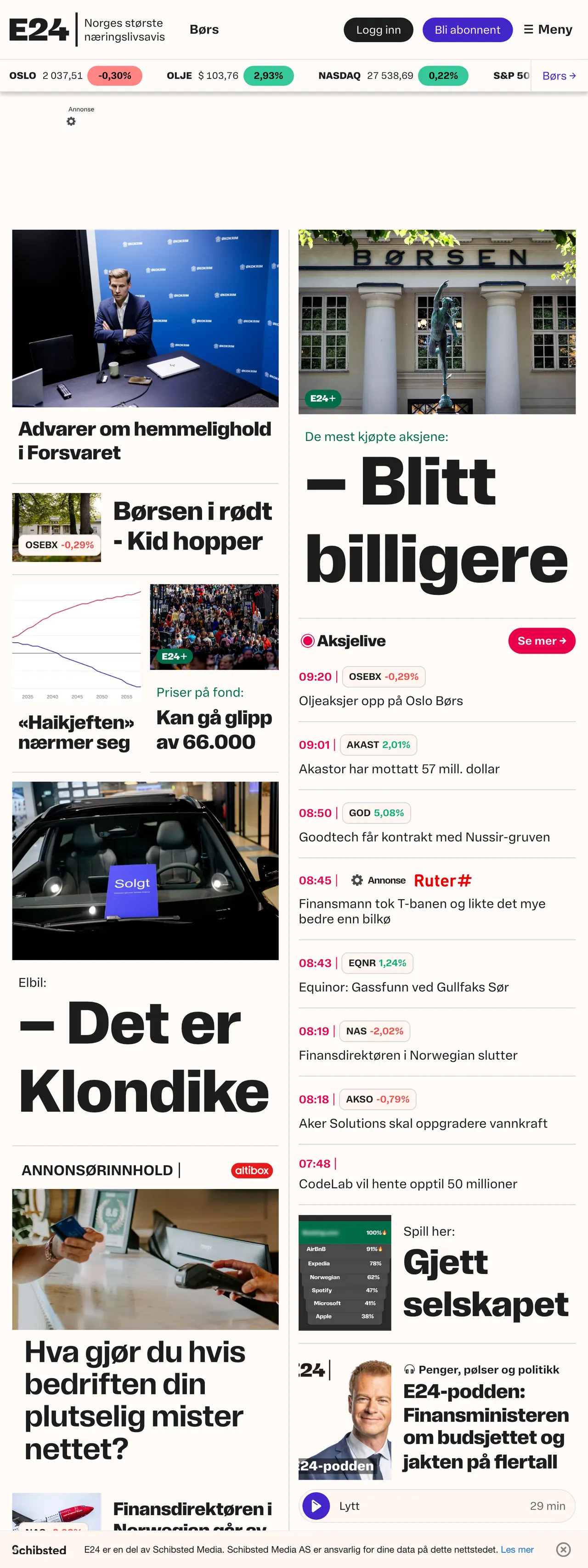 Screenshot of the E24 front page