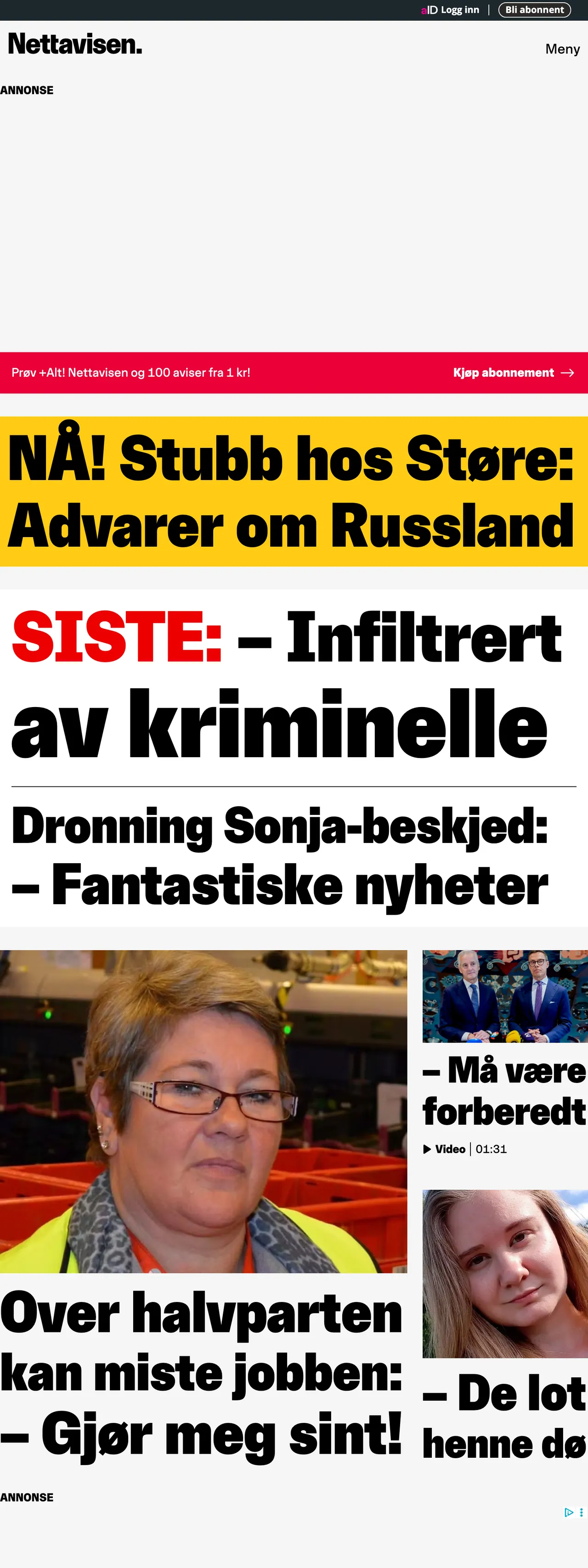 Screenshot of the Nettavisen front page