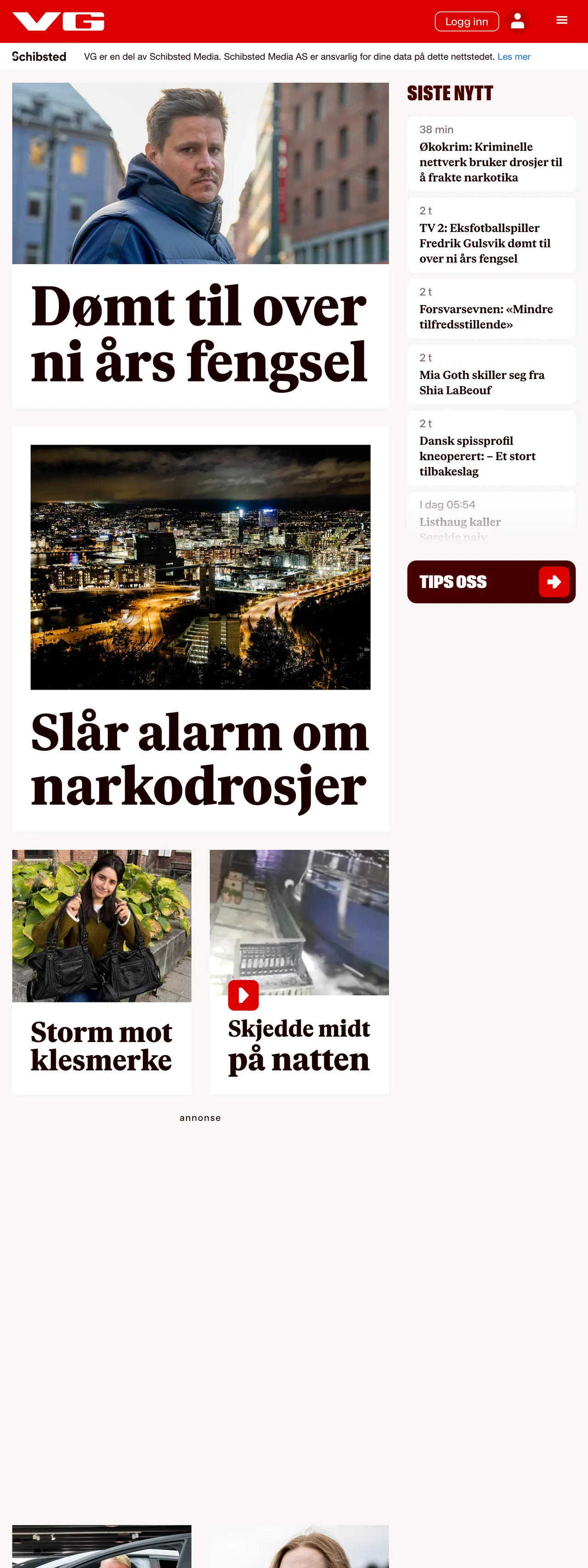 Screenshot of the VG front page