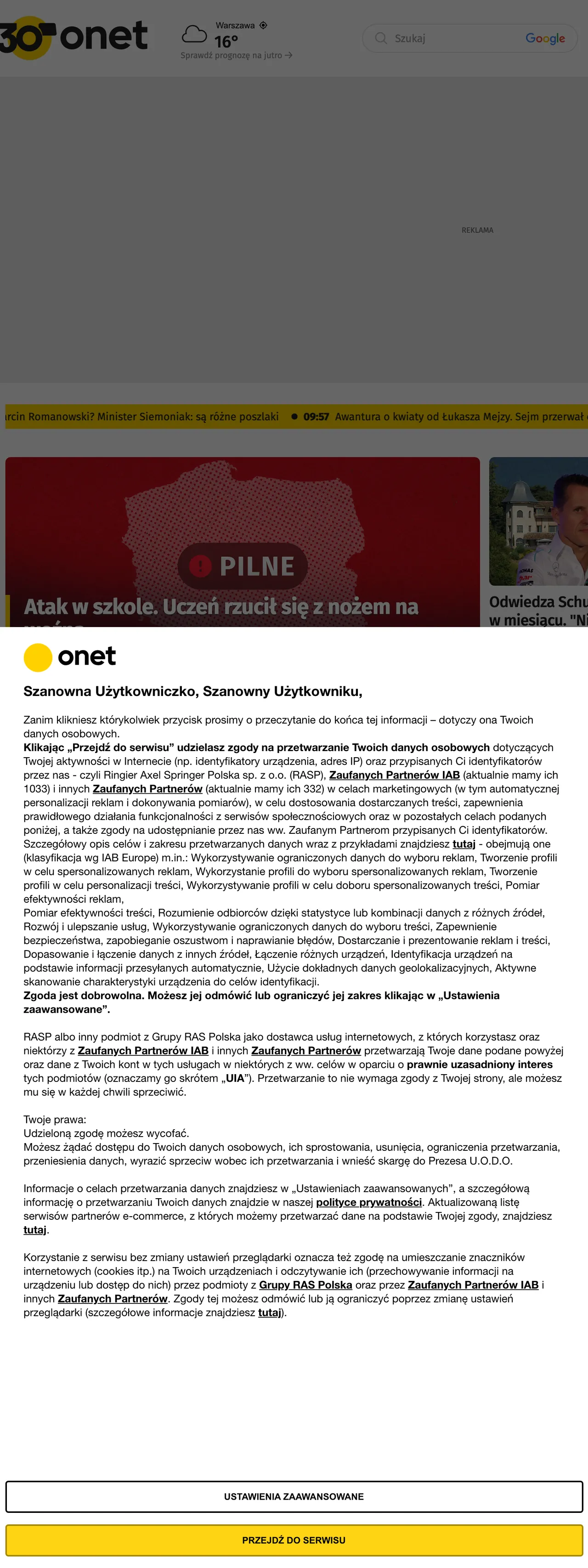 Screenshot of the Onet front page