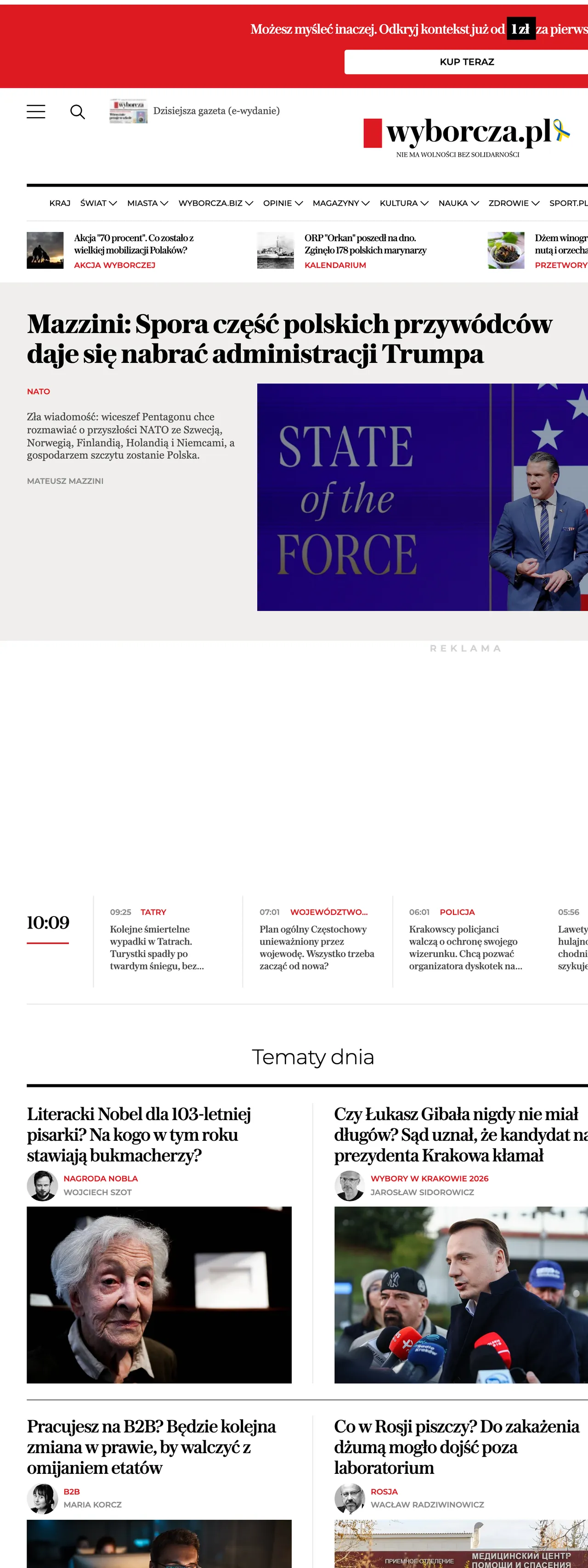 Screenshot of the Wyborcza front page