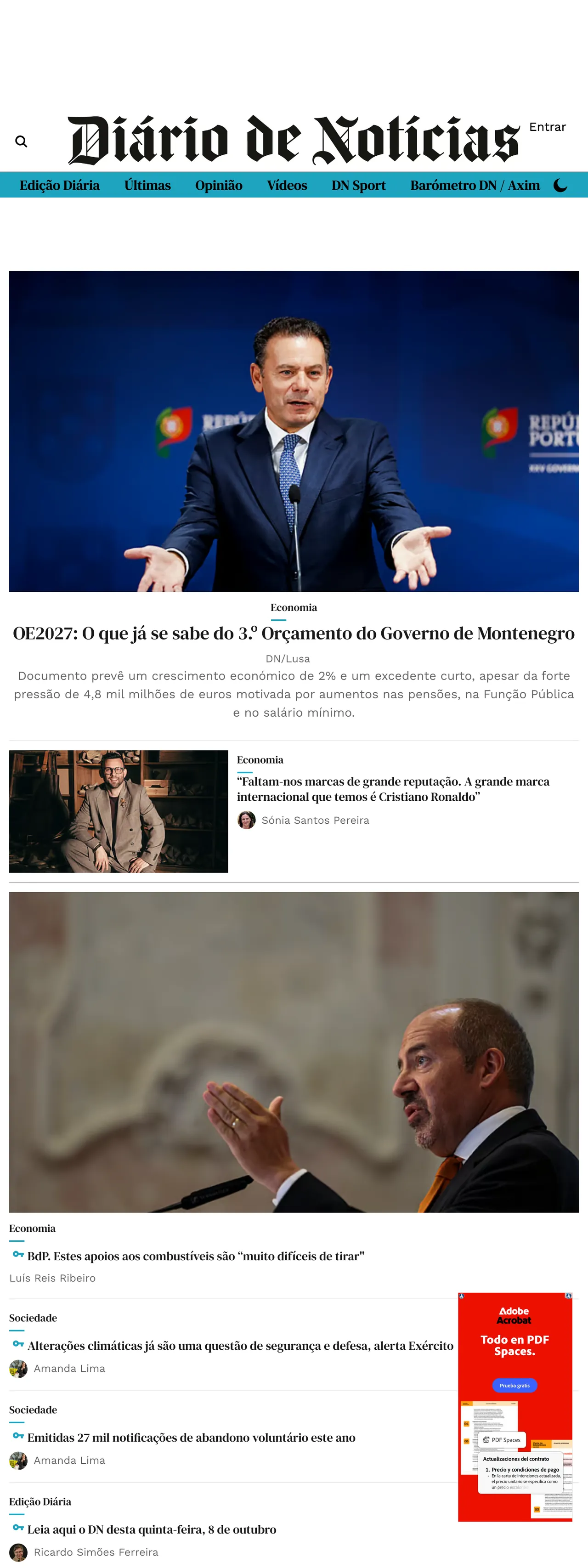Screenshot of the Diário de Notícias front page