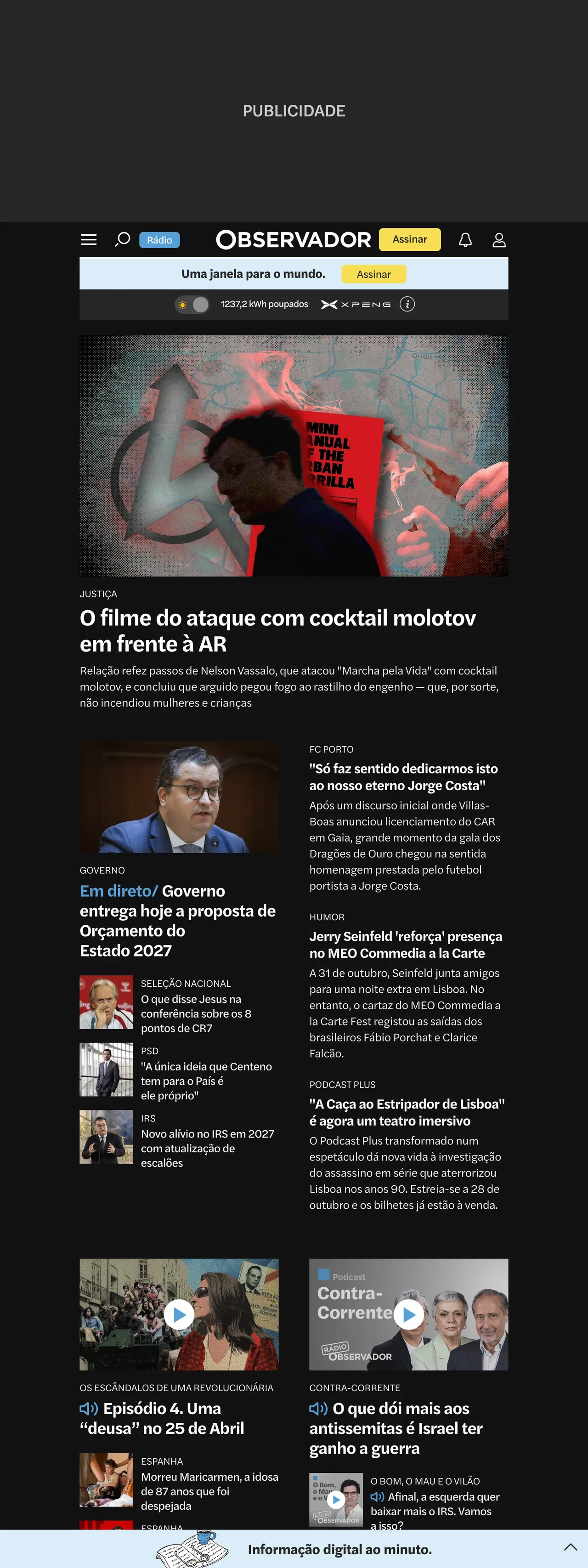 Screenshot of the Observador front page