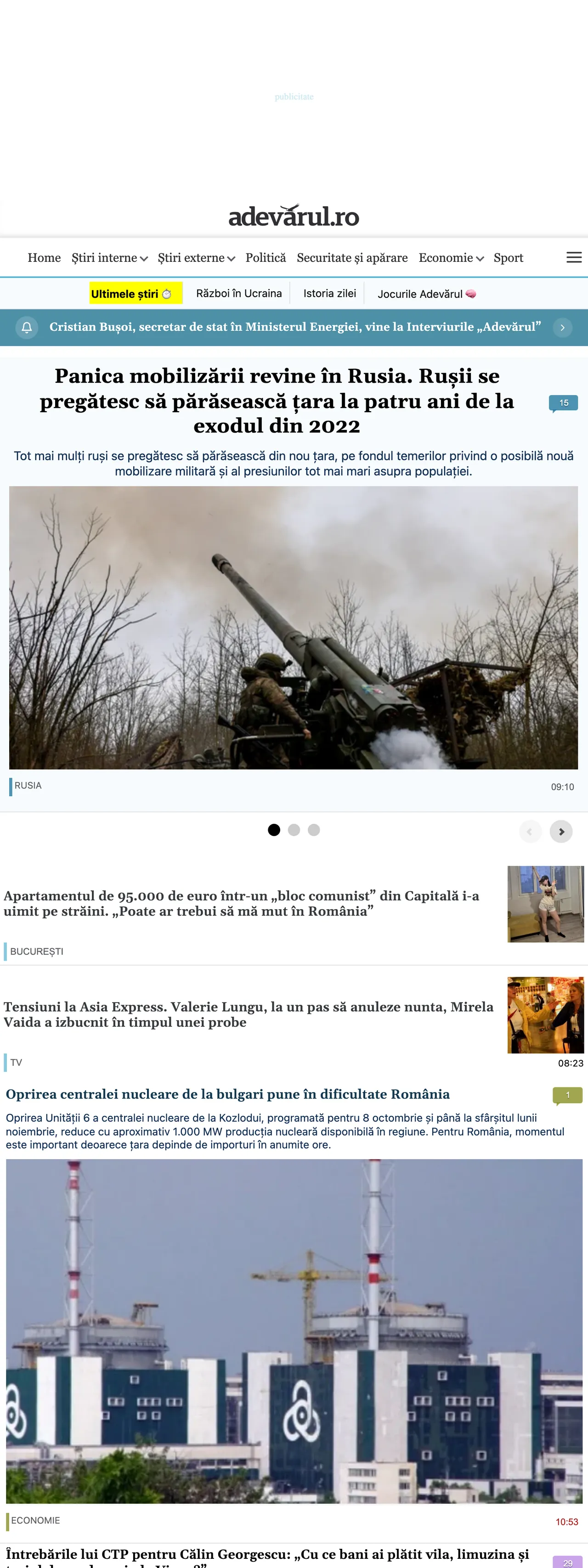 Screenshot of the Adevărul front page