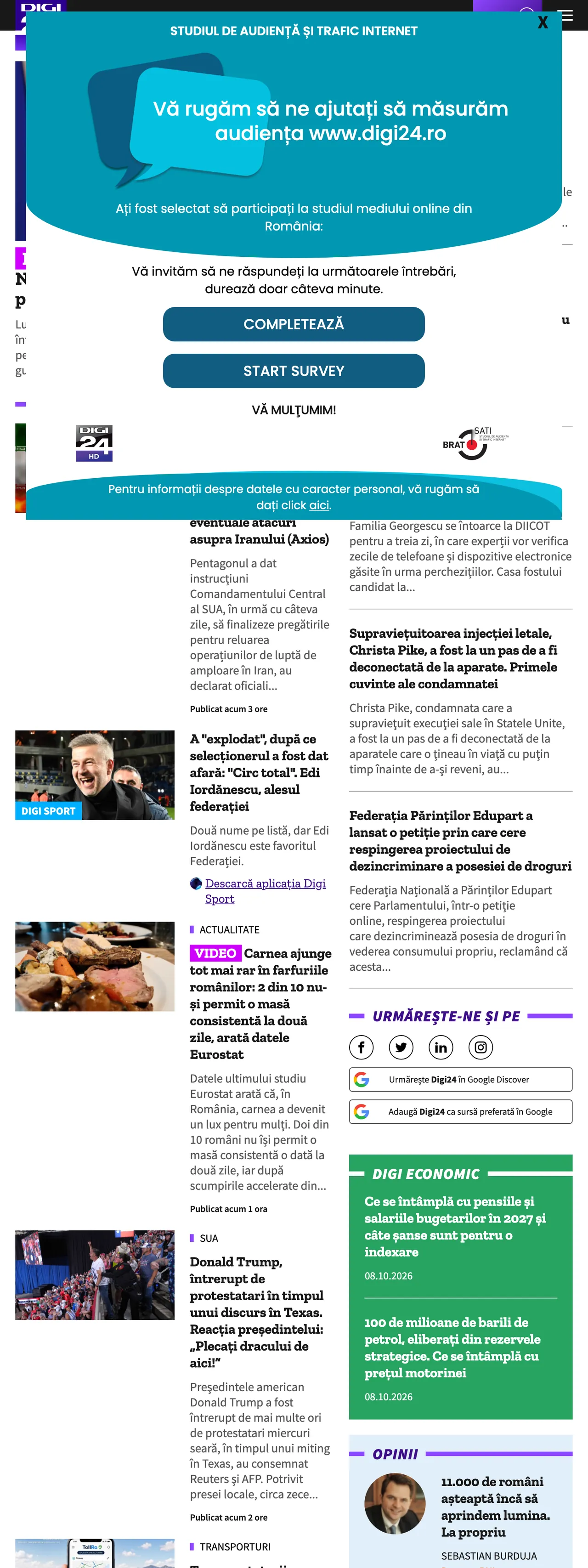 Screenshot of the Digi24 front page