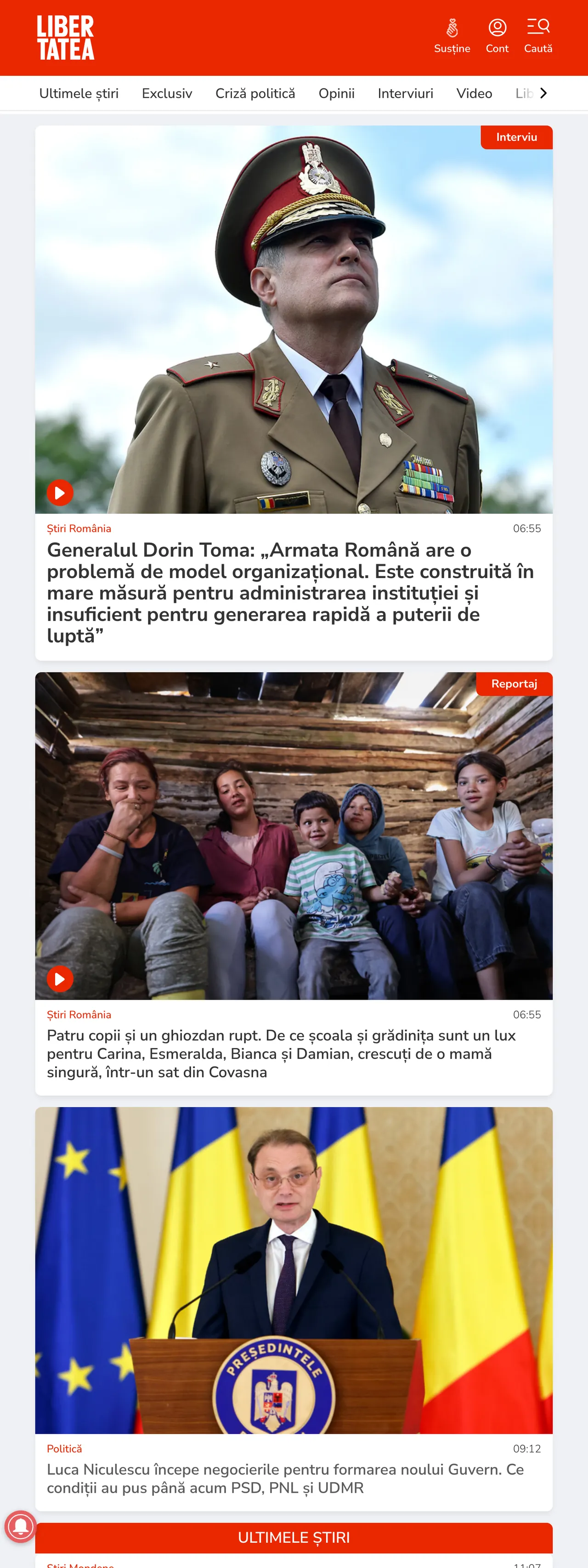 Screenshot of the Libertatea front page
