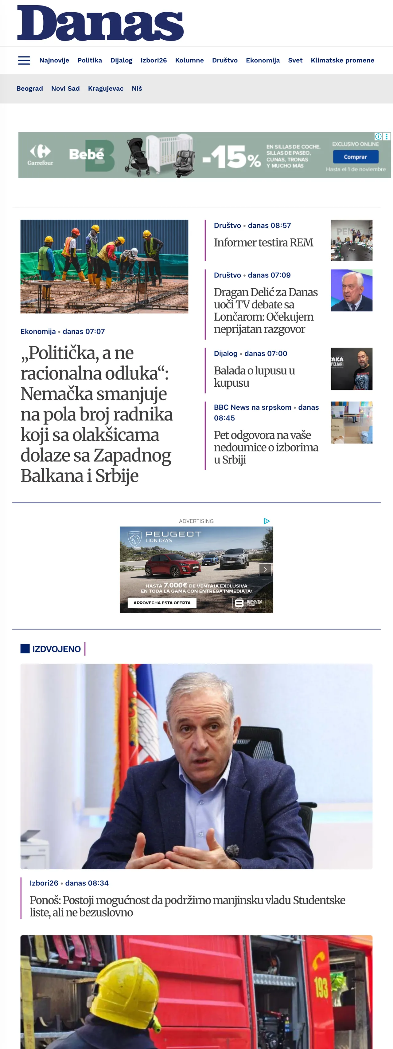 Screenshot of the Danas front page