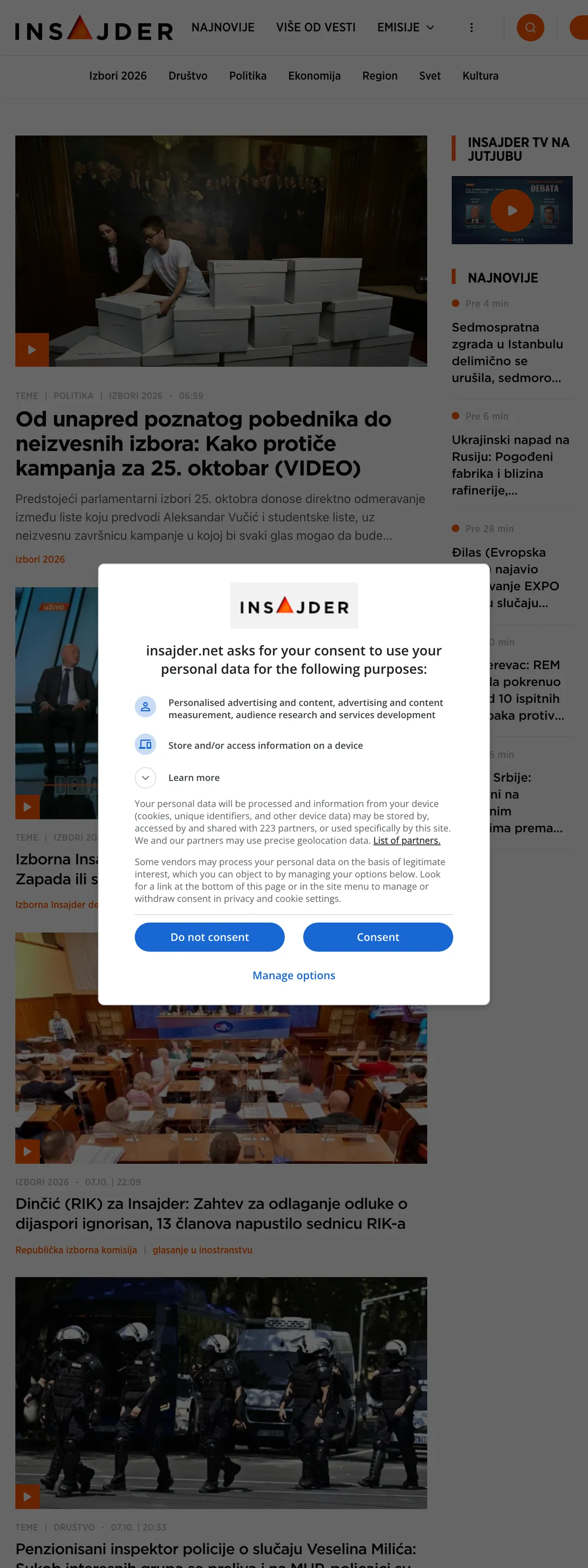 Screenshot of the Insajder front page
