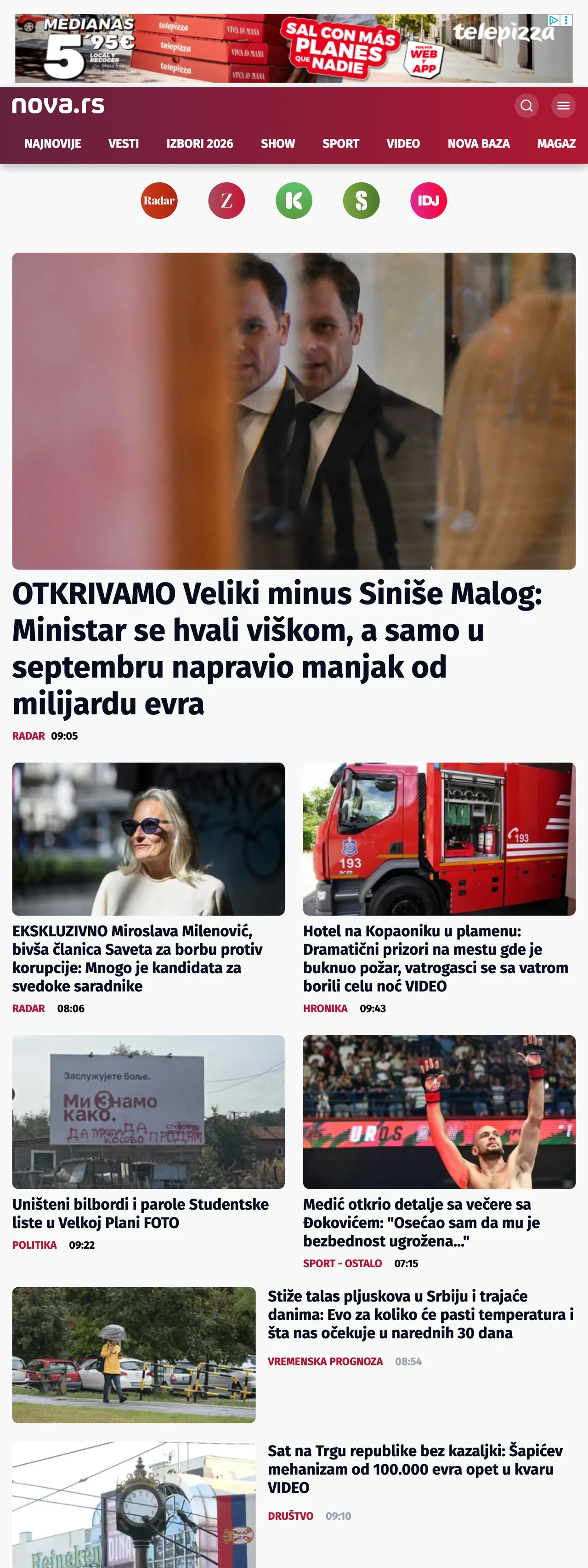 Screenshot of the Nova front page