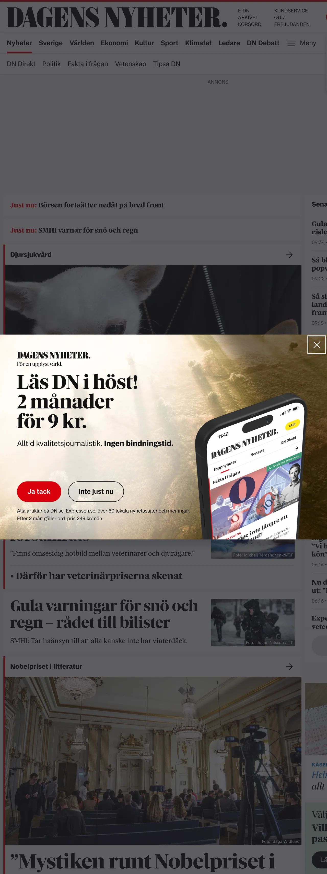 Screenshot of the Dagens Nyheter front page