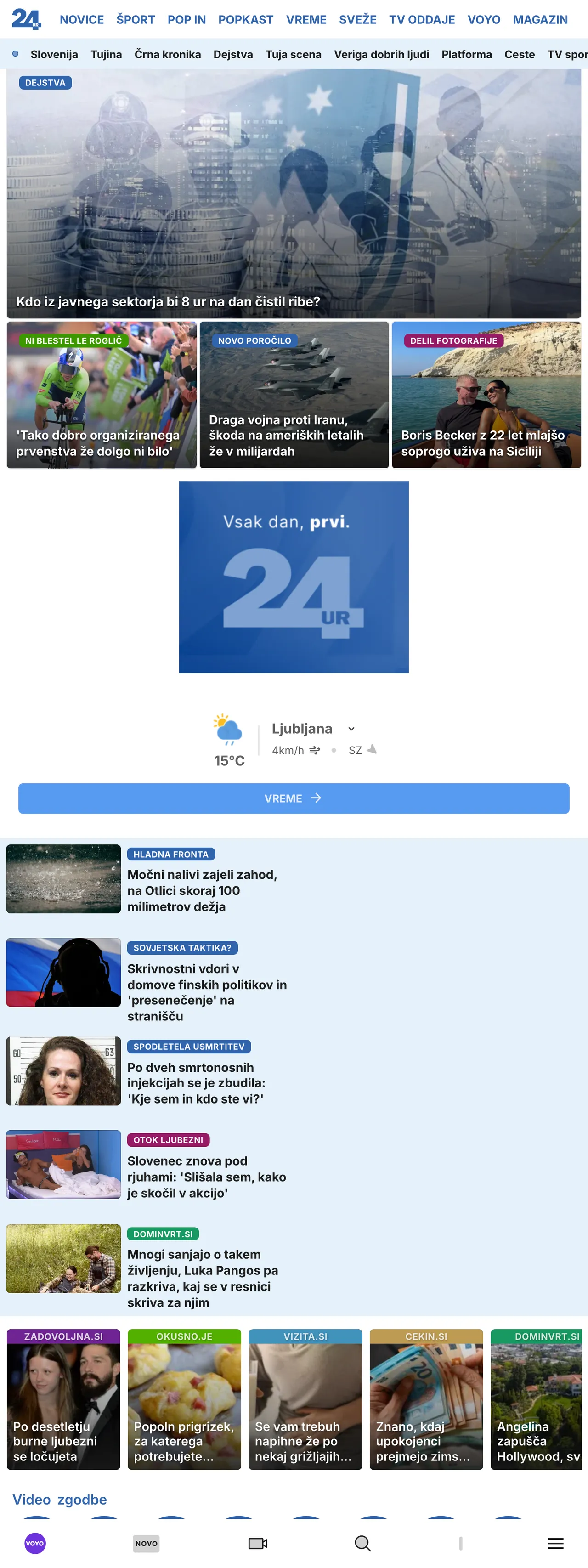 Screenshot of the 24ur front page