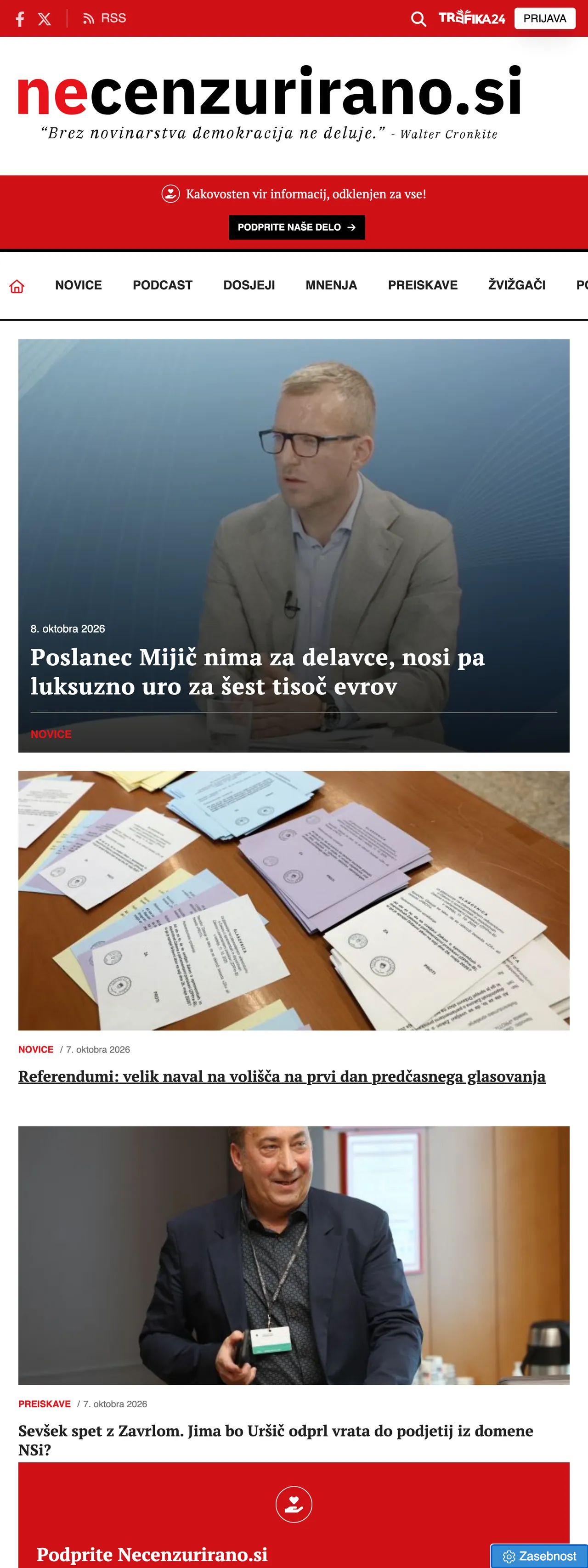 Screenshot of the Necenzurirano front page