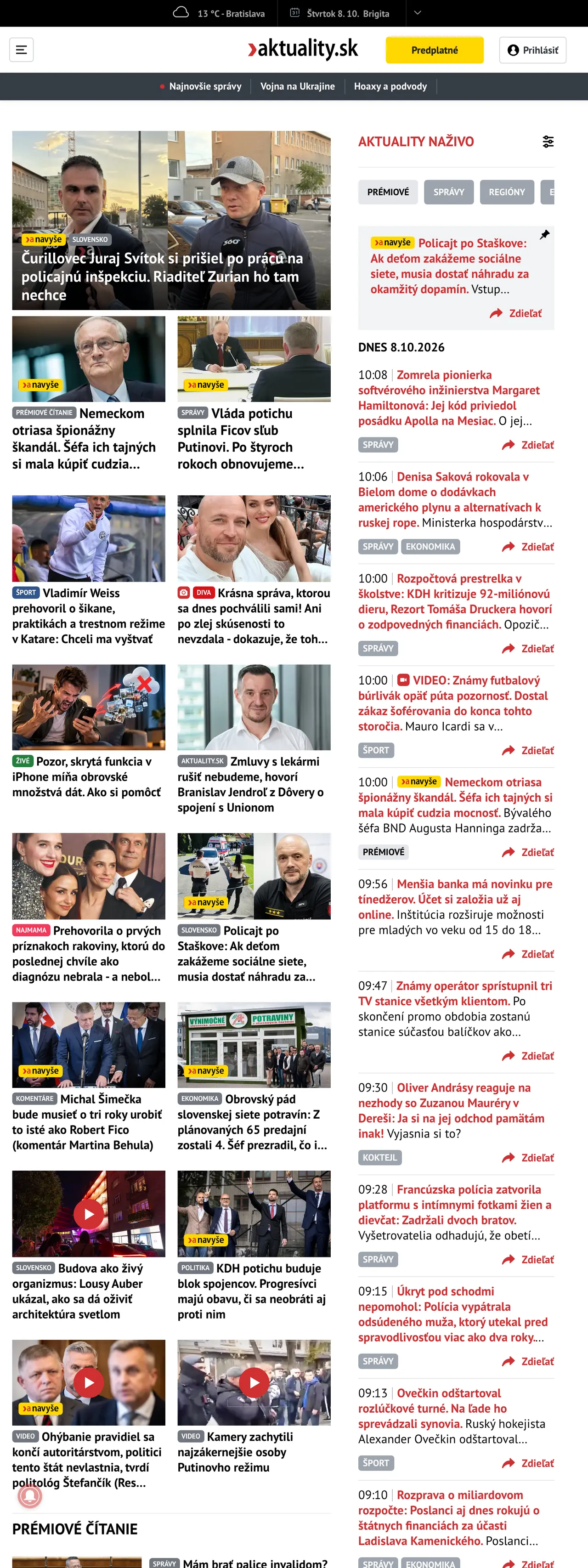 Screenshot of the Aktuality.sk front page