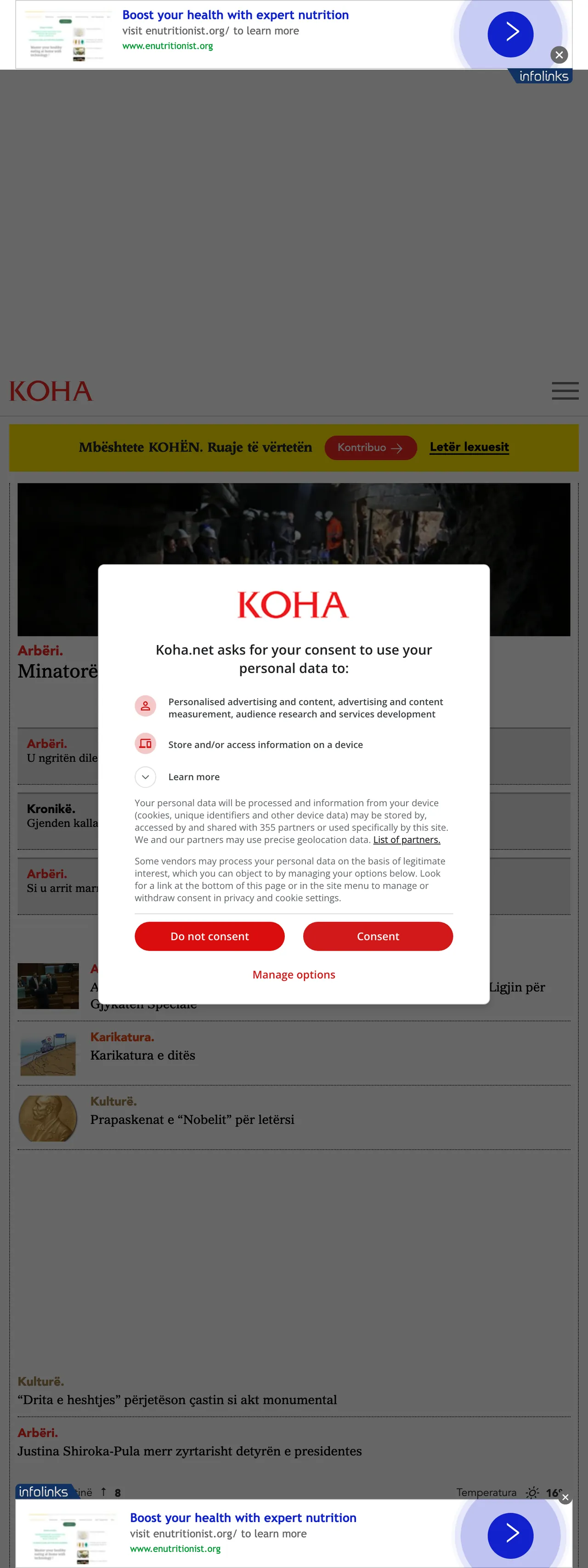 Screenshot of the Koha Ditore front page
