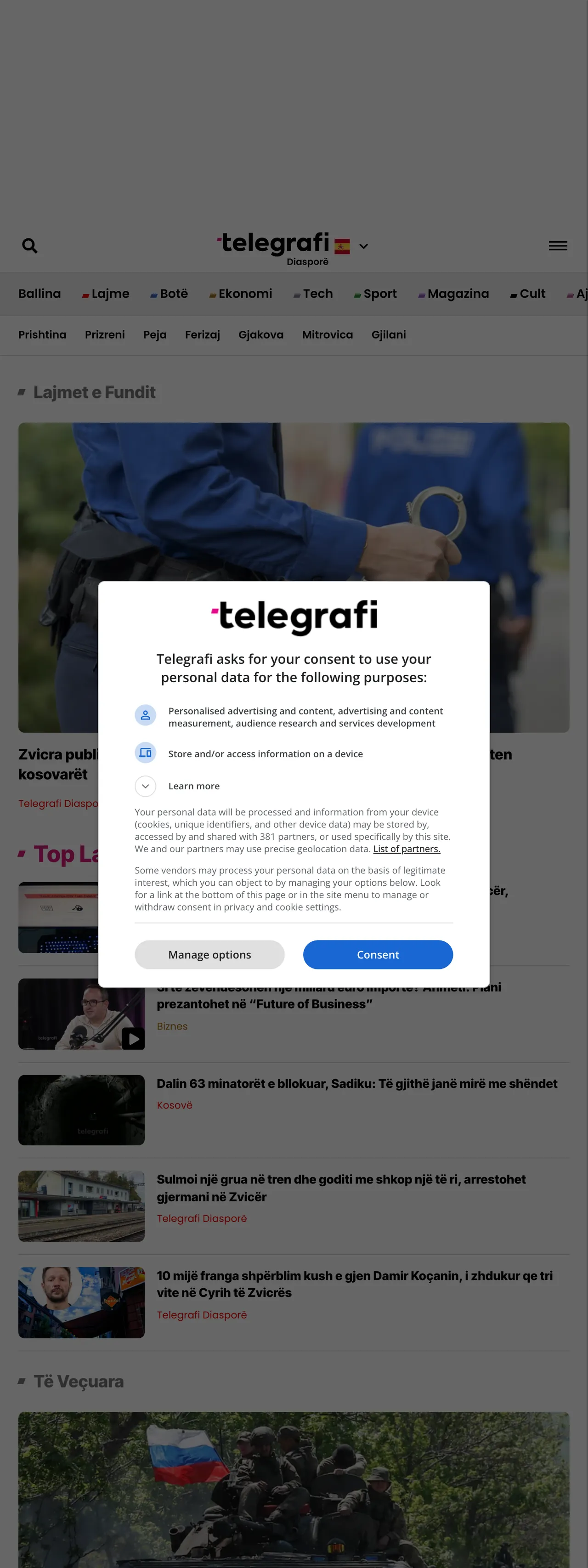 Screenshot of the Telegrafi front page