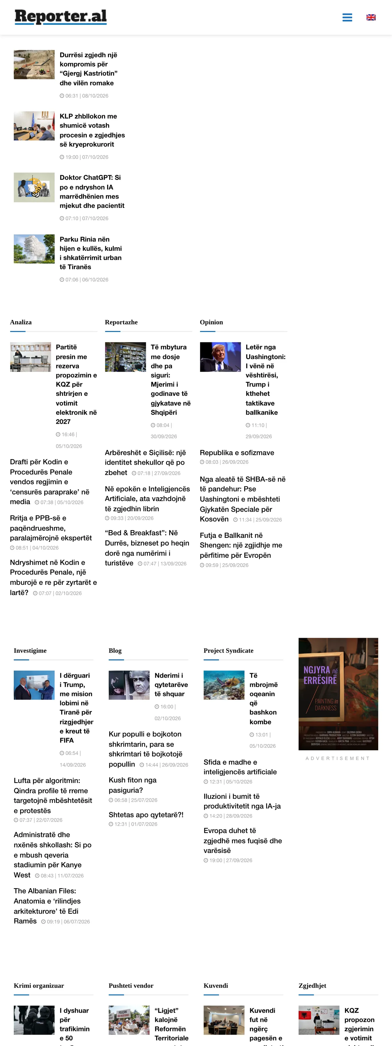 Screenshot of the Reporter.al front page