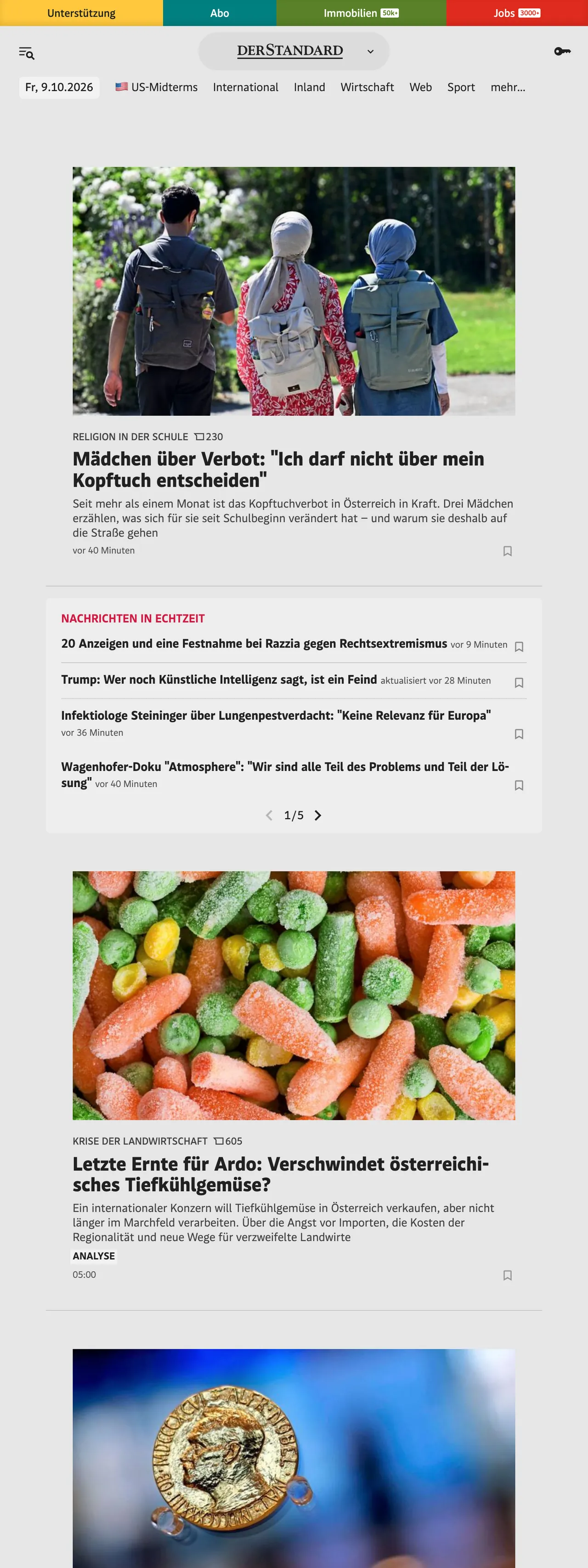 Screenshot of the DER STANDARD front page